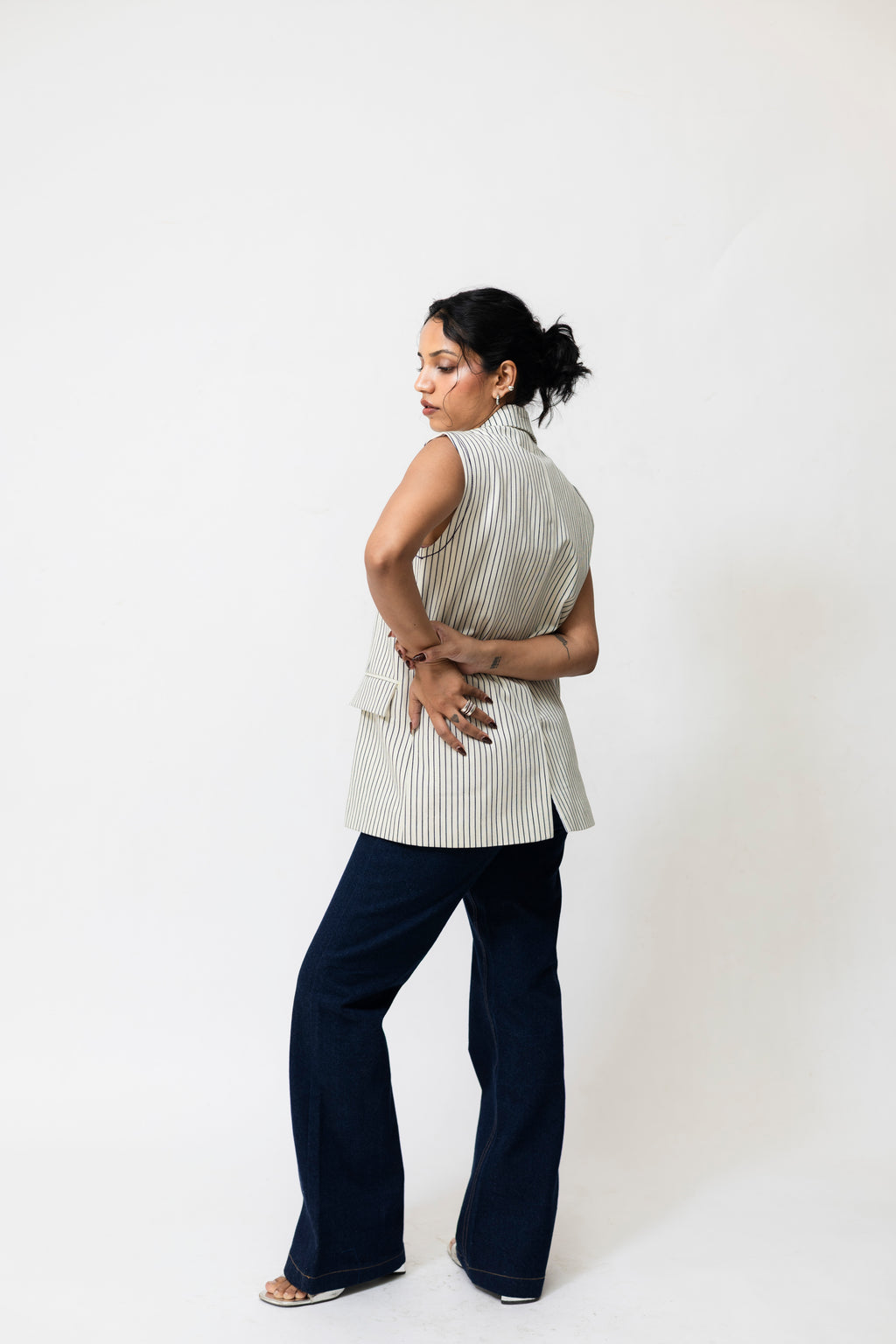 Striped Denim Waistcoat with Front Slit | Tailored Fit