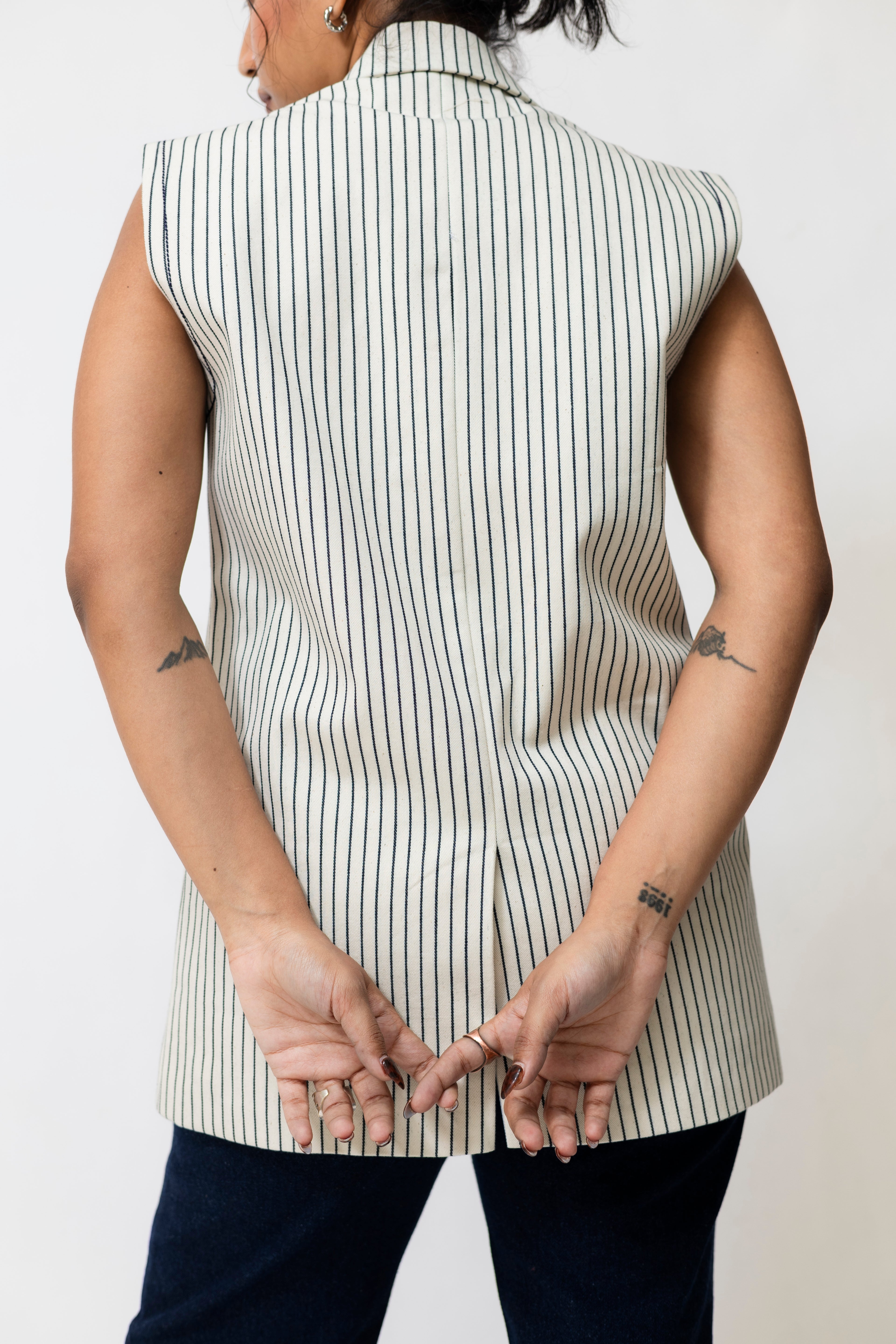 Striped Denim Waistcoat with Front Slit | Tailored Fit