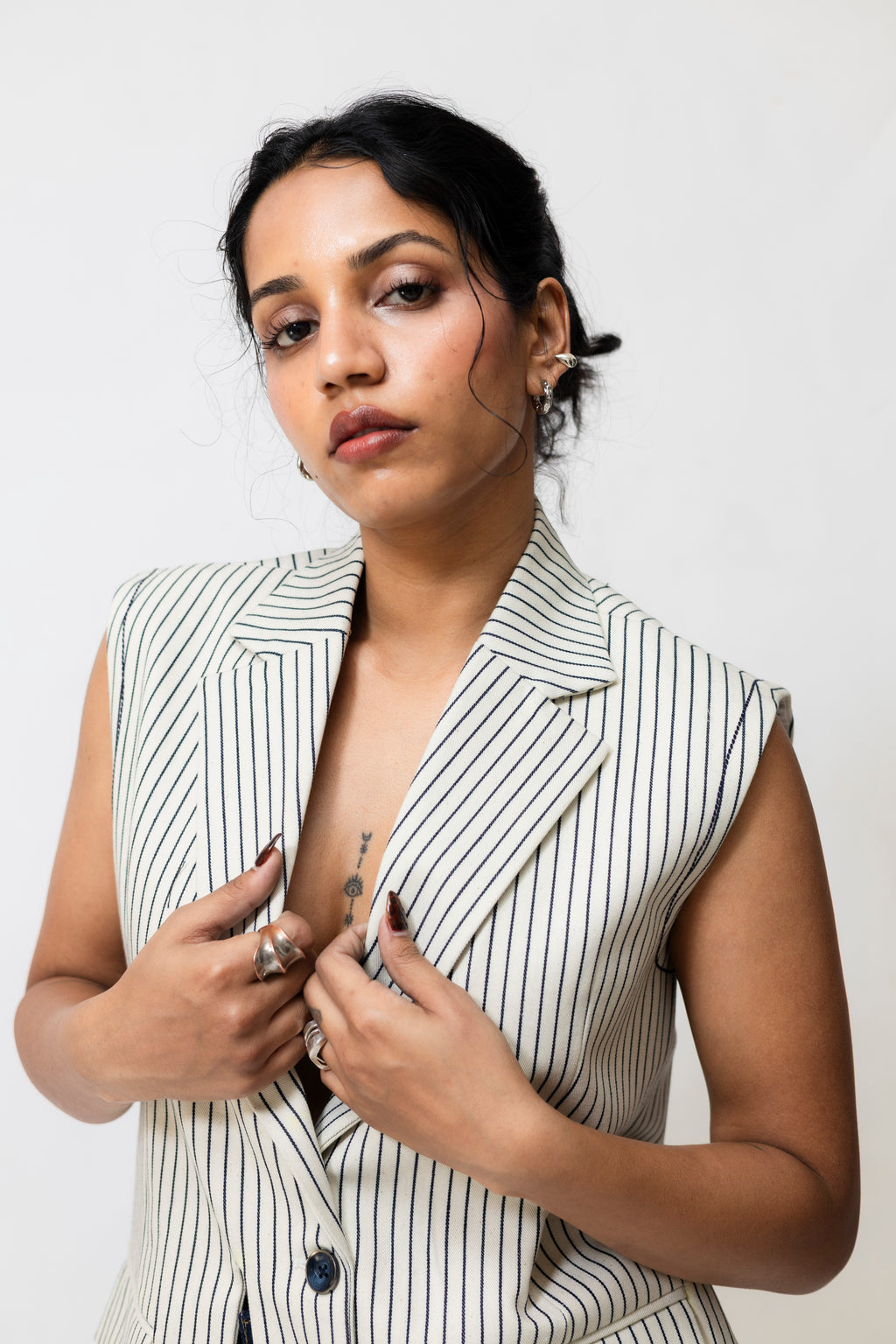 Striped Denim Waistcoat with Front Slit | Tailored Fit