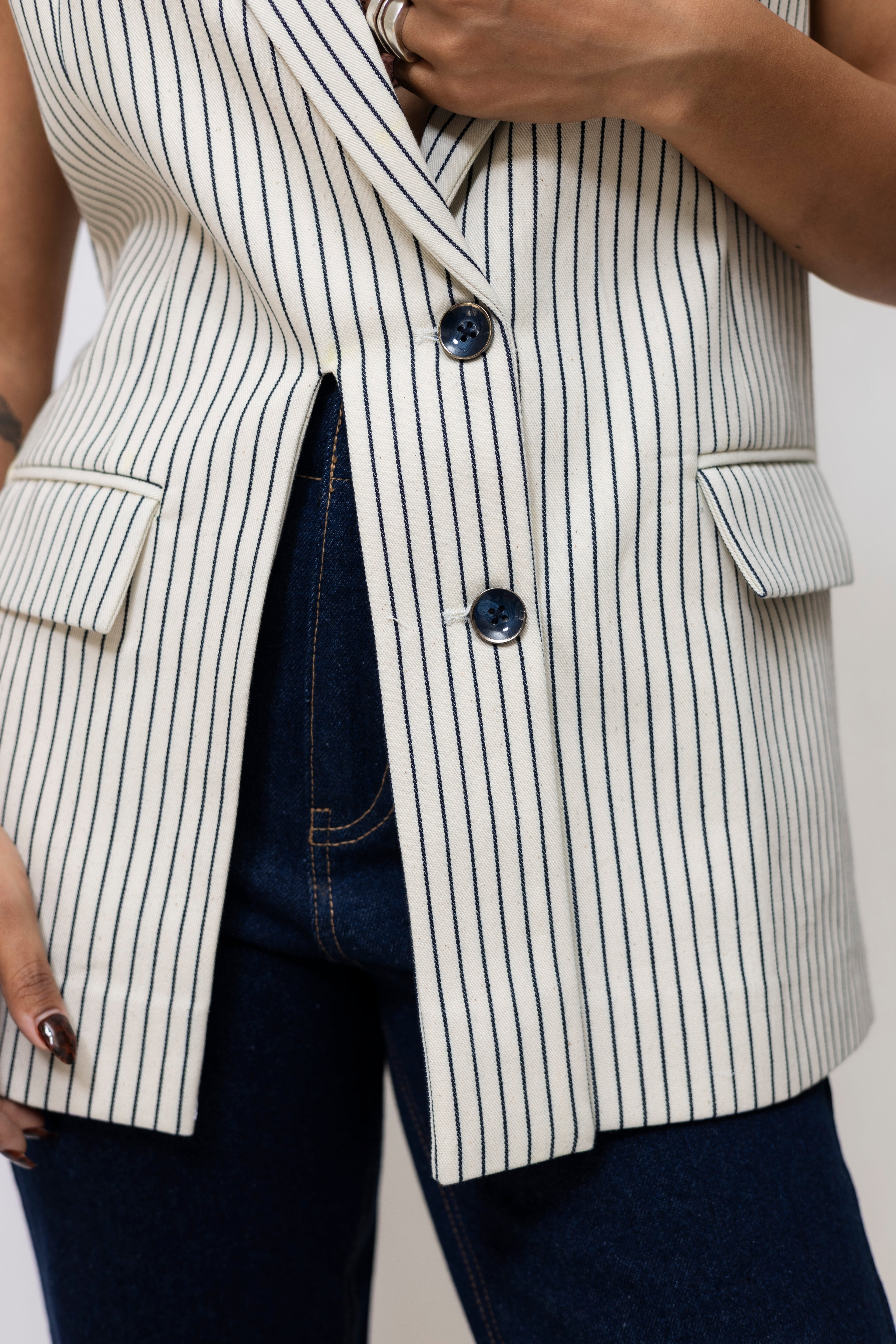 Striped Denim Waistcoat with Front Slit | Tailored Fit