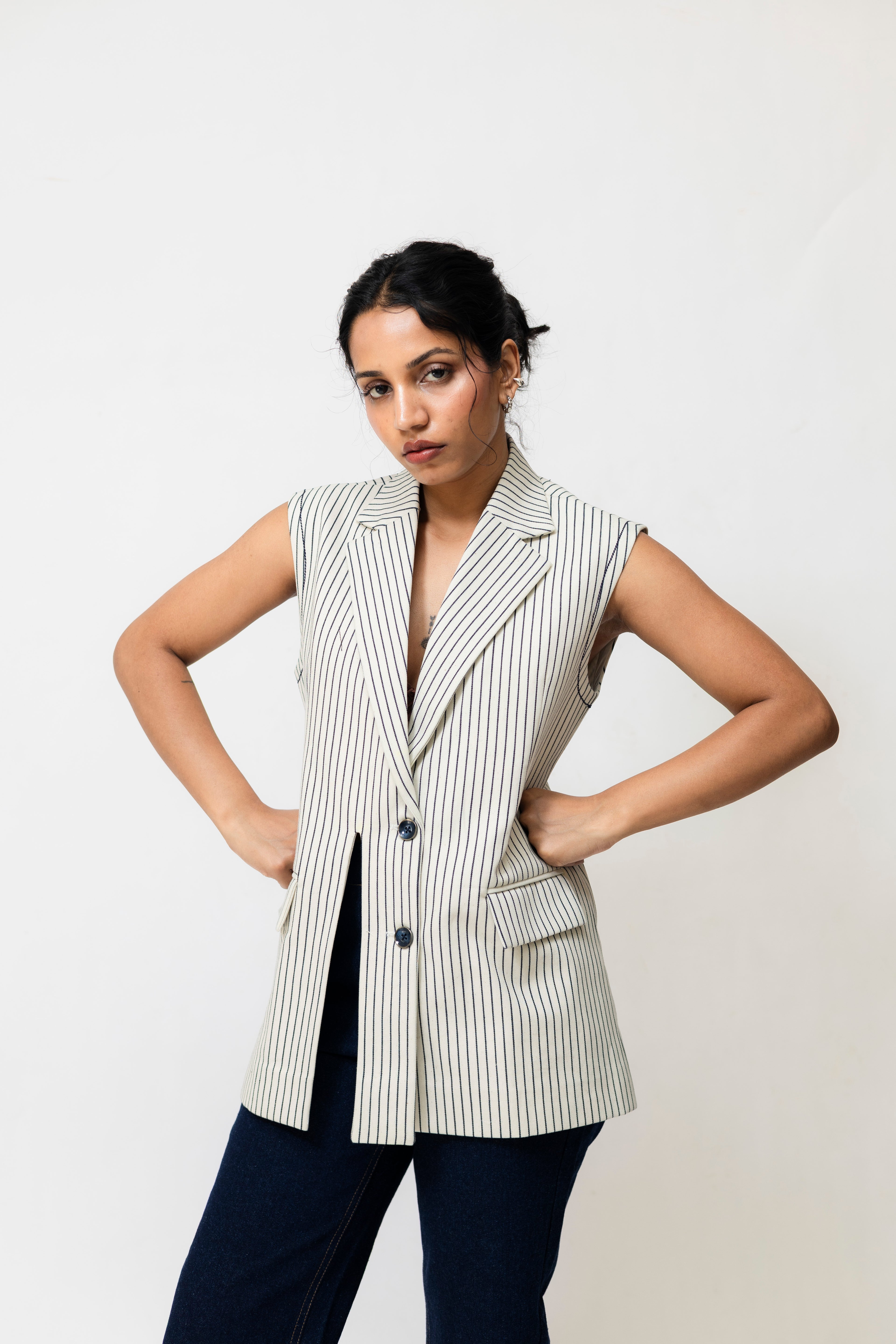 Striped Denim Waistcoat with Front Slit | Tailored Fit