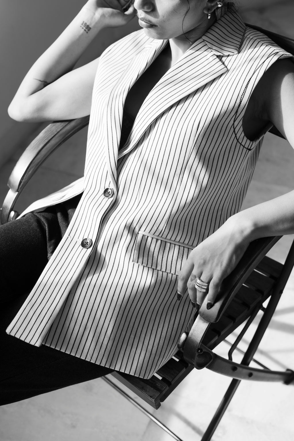 Striped Denim Waistcoat with Front Slit | Tailored Fit