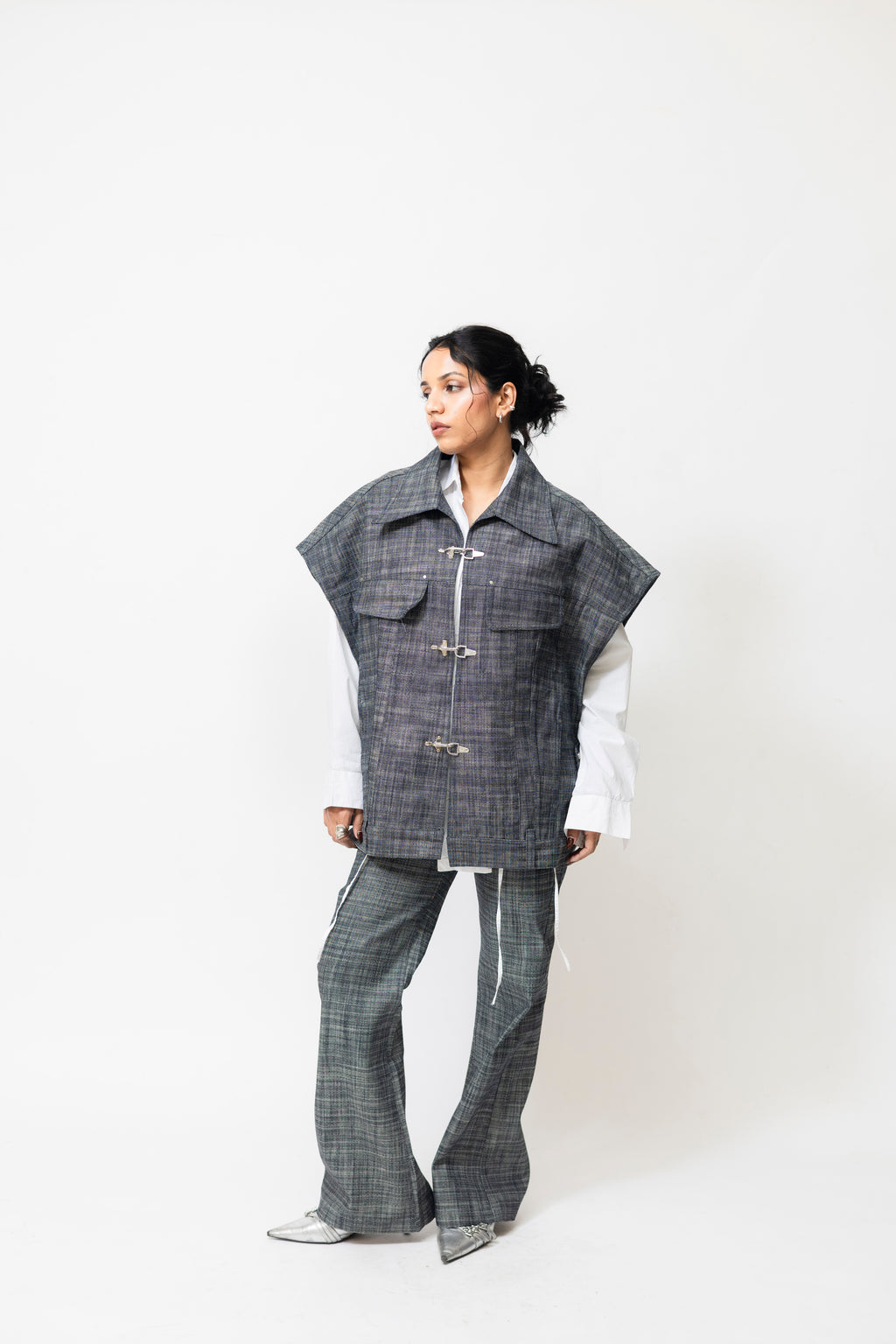 Oversized Denim Utility Jacket with Toggle Closure | Grey