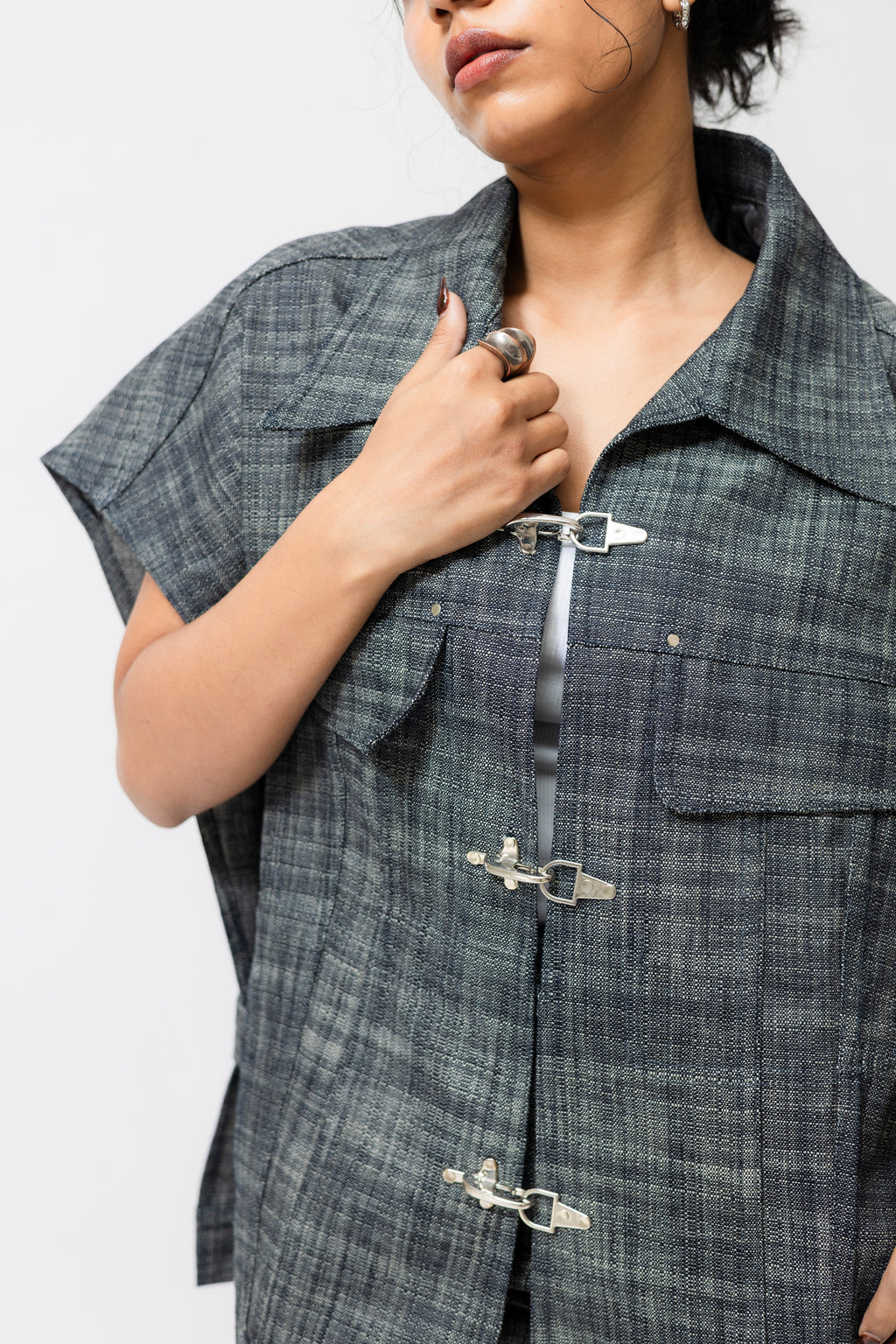 Oversized Denim Utility Jacket with Toggle Closure | Grey