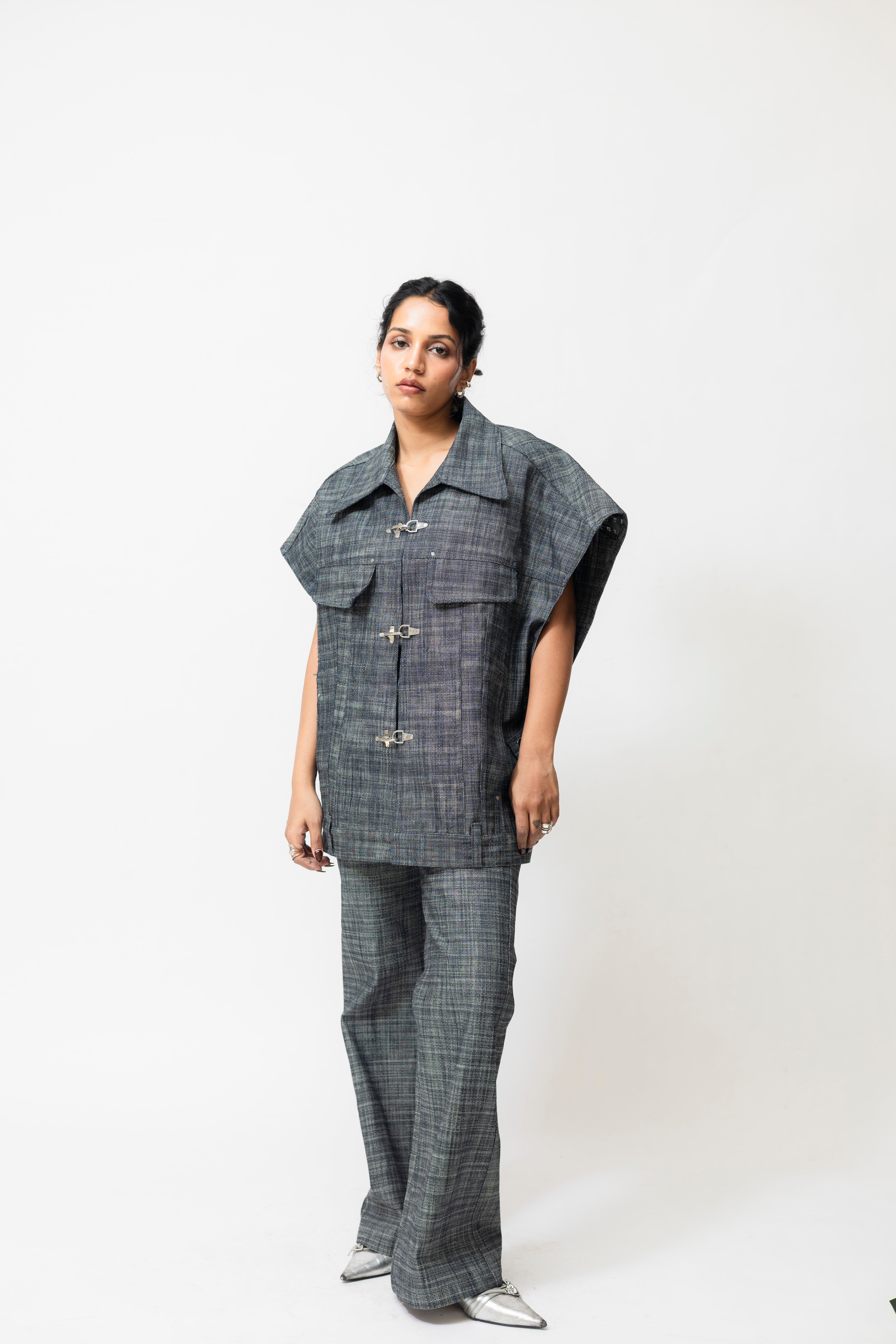 Oversized Denim Utility Jacket with Toggle Closure | Grey