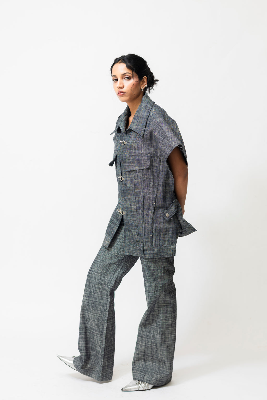 Oversized Denim Utility Jacket with Toggle Closure | Grey