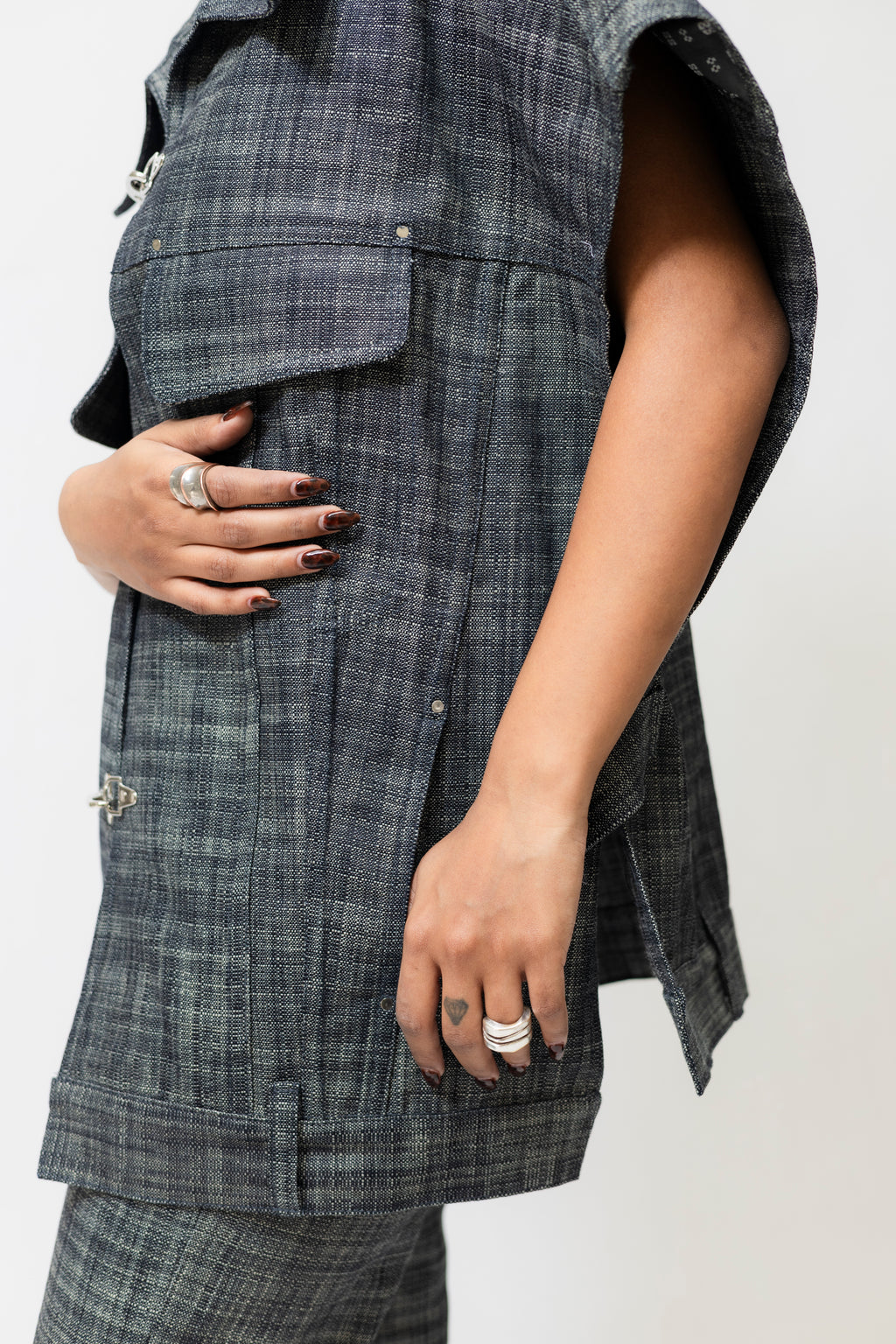 Oversized Denim Utility Jacket with Toggle Closure | Grey