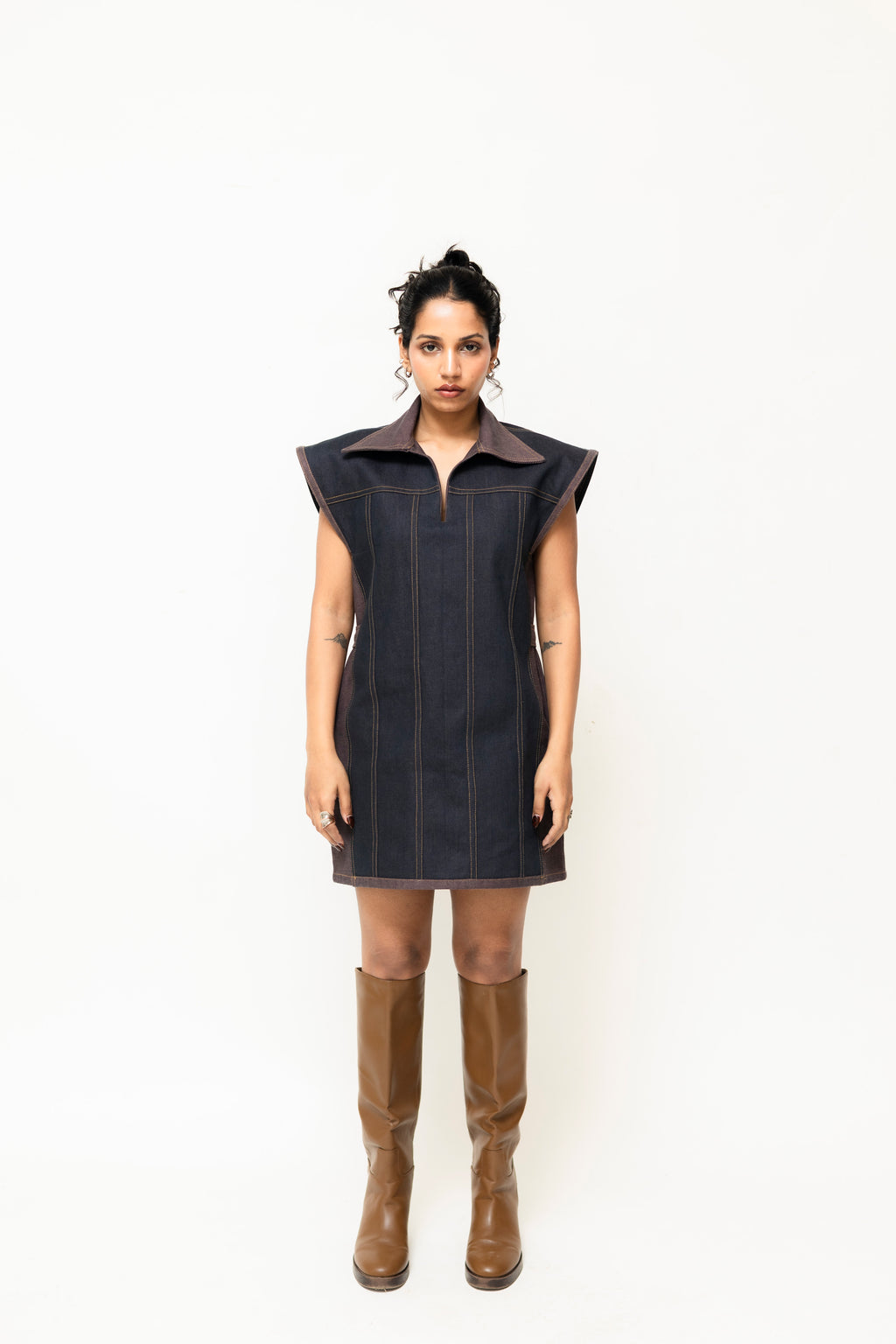 Dual-Tone Denim Mini Dress with Contrast Stitch | Pink & Purple
