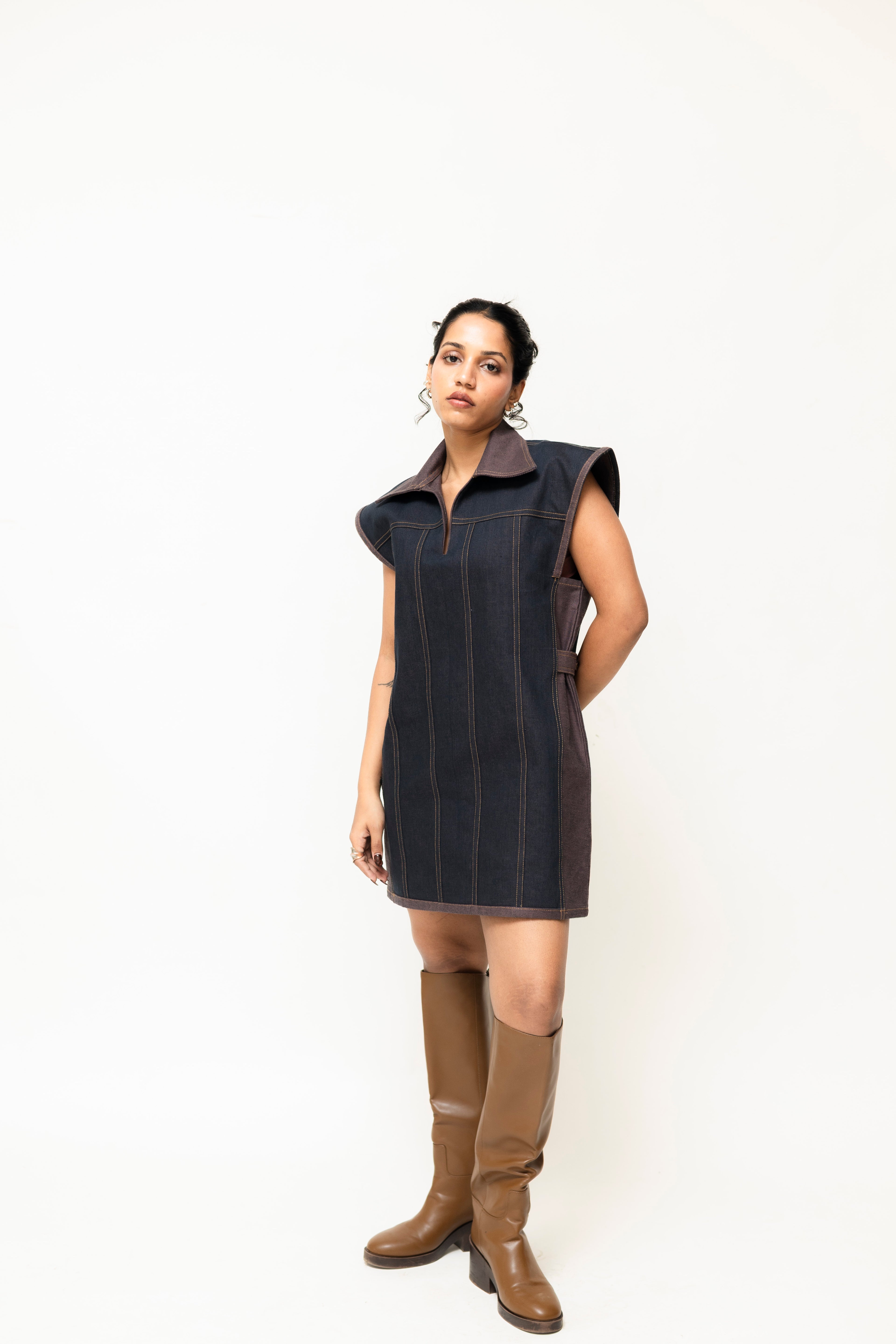 Dual-Tone Denim Mini Dress with Contrast Stitch | Pink & Purple