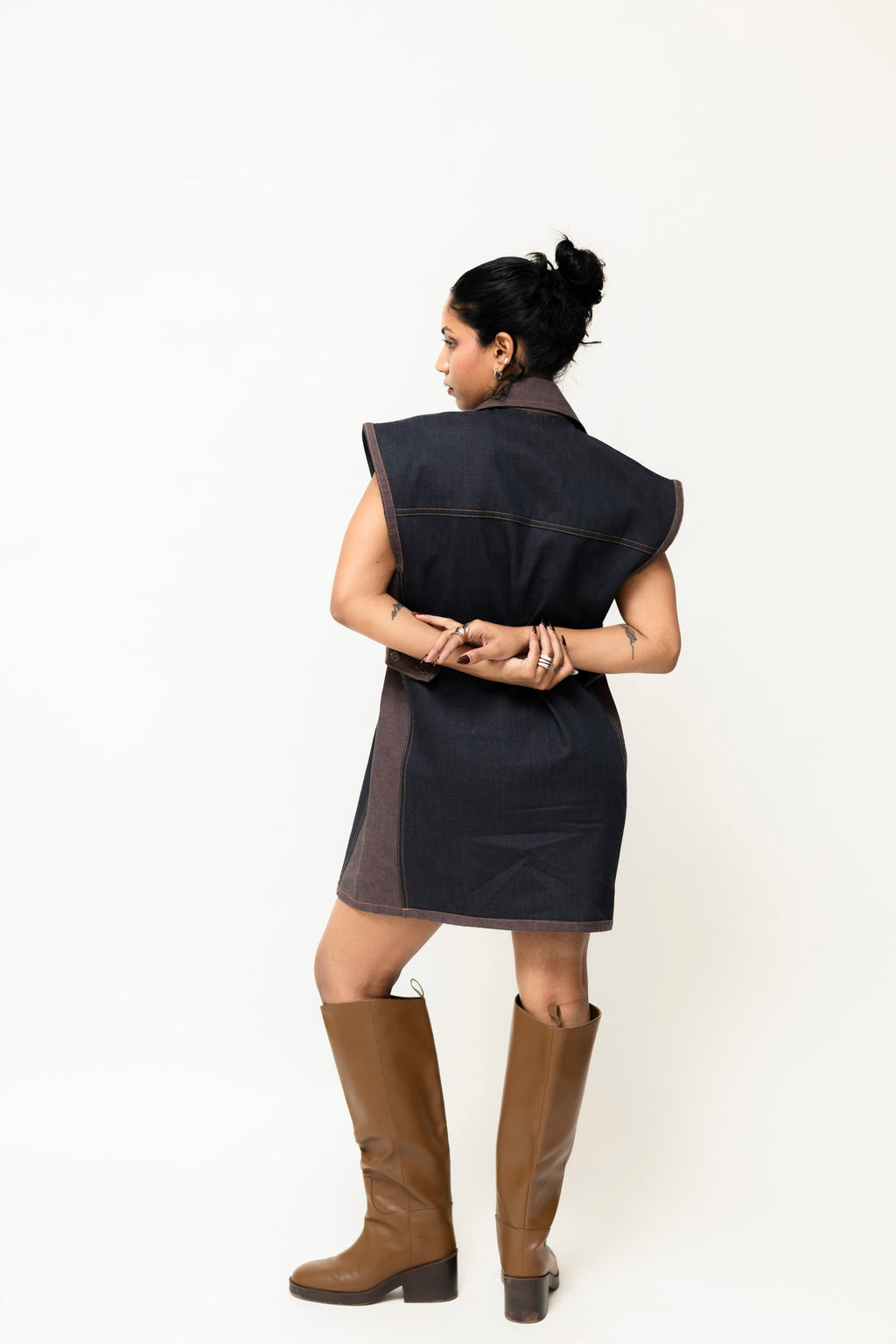 Dual-Tone Denim Mini Dress with Contrast Stitch | Pink & Purple