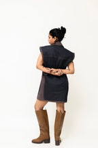 Dual-Tone Denim Mini Dress with Contrast Stitch | Pink & Purple