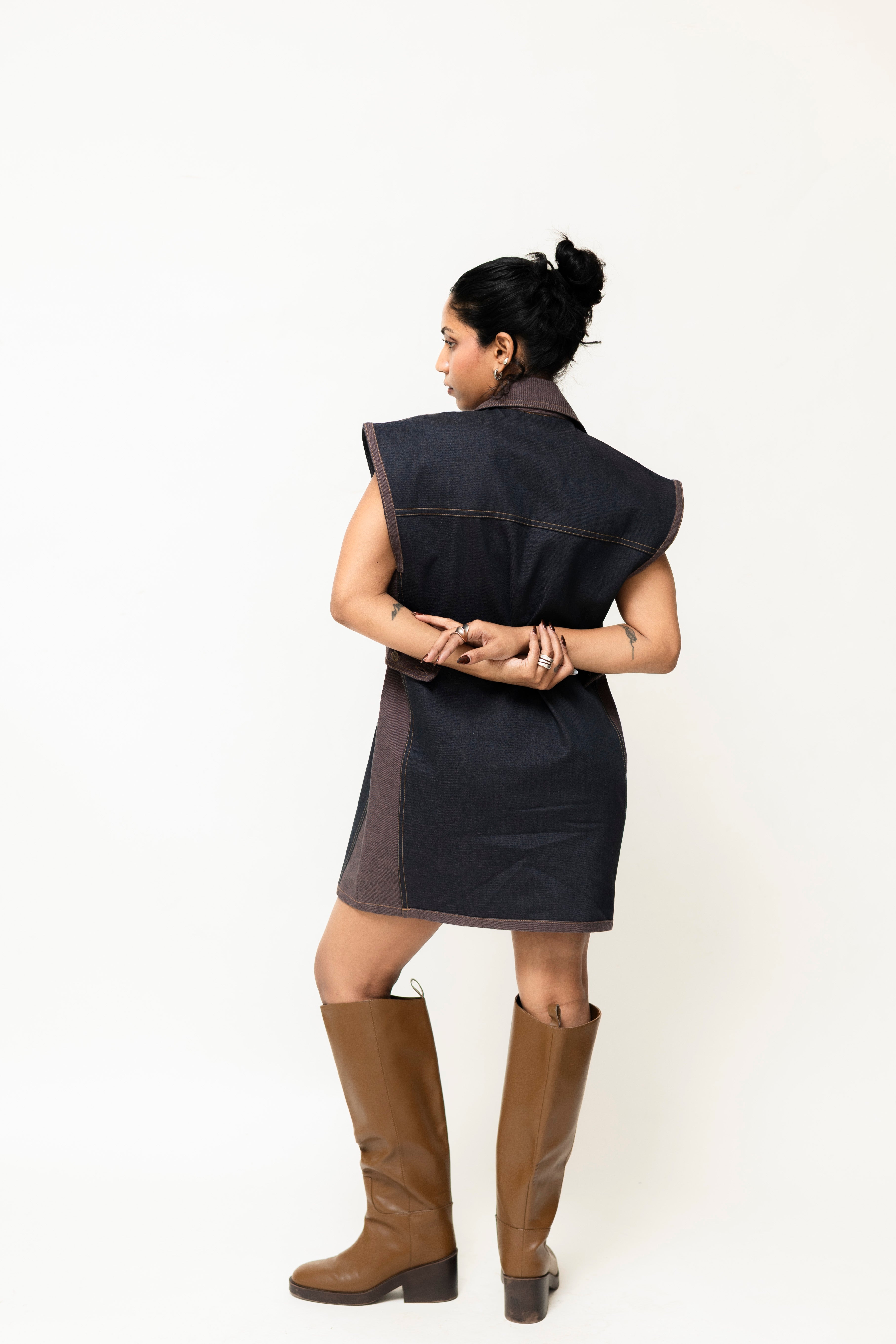 Dual-Tone Denim Mini Dress with Contrast Stitch | Pink & Purple