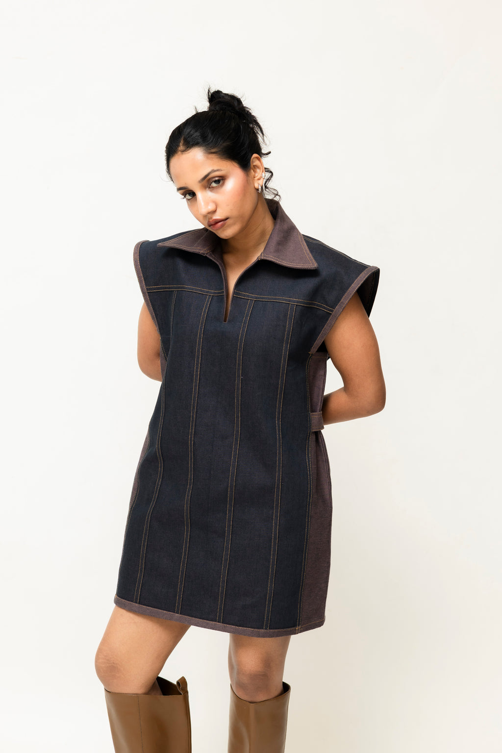 Dual-Tone Denim Mini Dress with Contrast Stitch | Pink & Purple