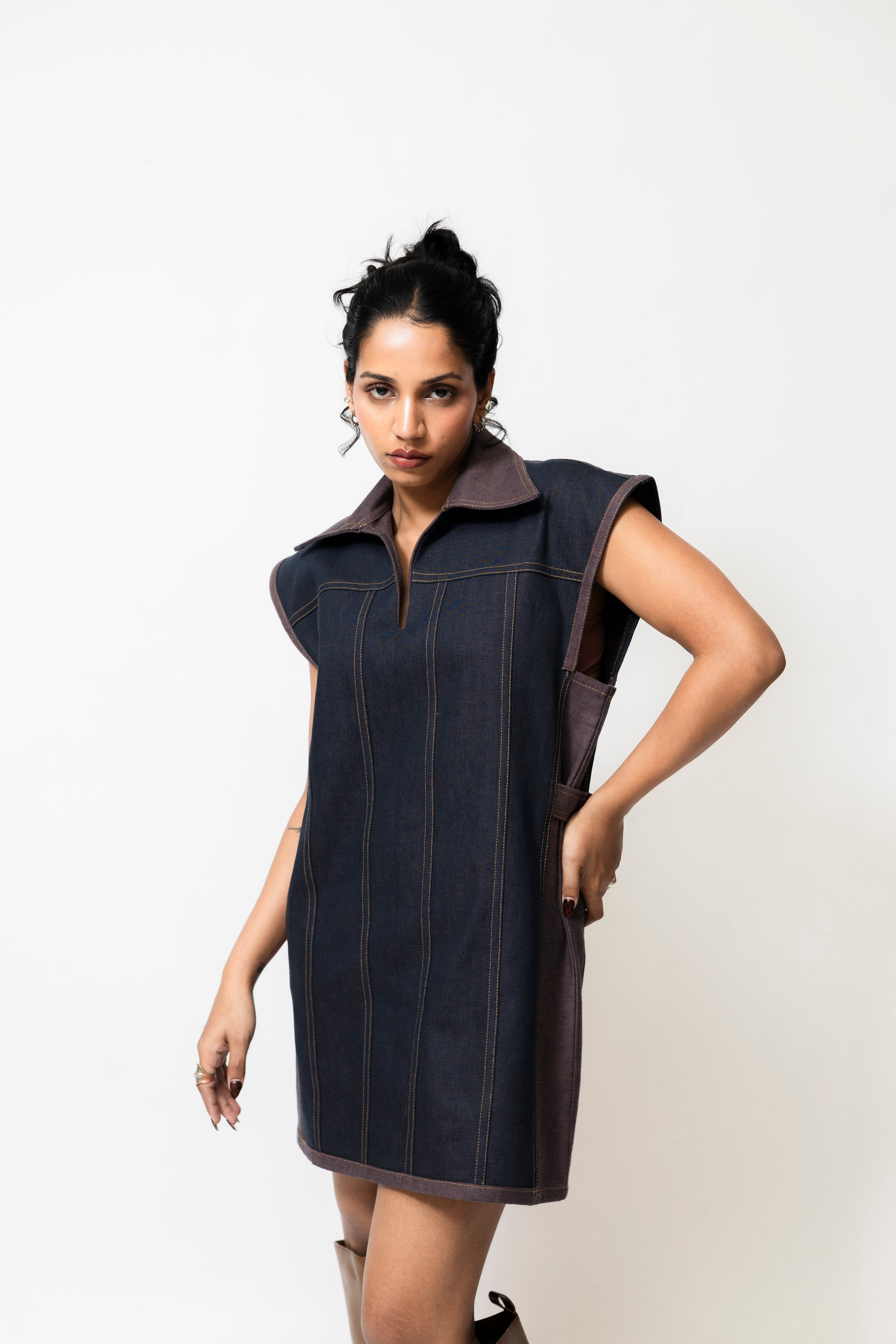 Dual-Tone Denim Mini Dress with Contrast Stitch | Pink & Purple