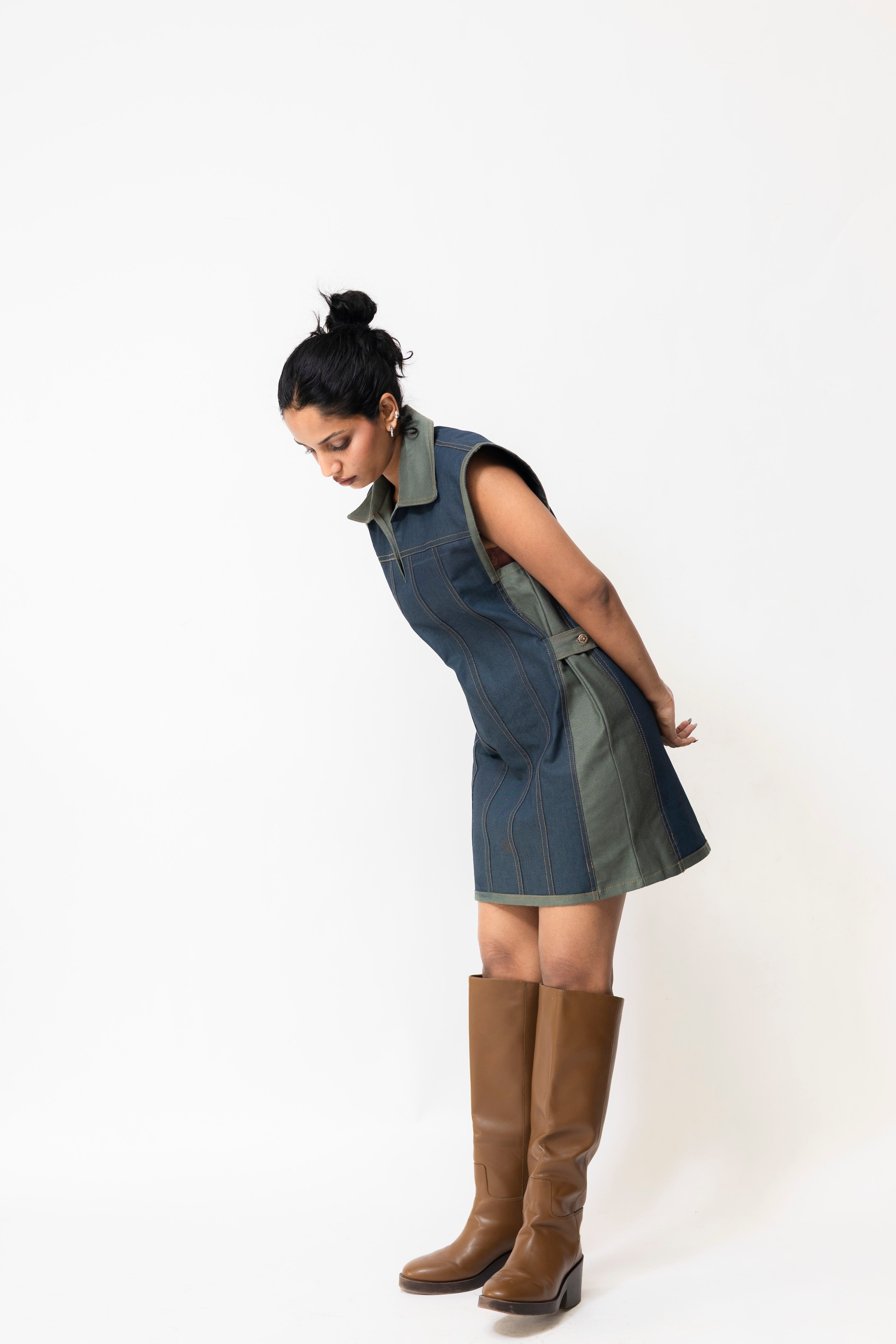 Dual-Tone Denim Mini Dress with Contrast Stitch | Blue & Green