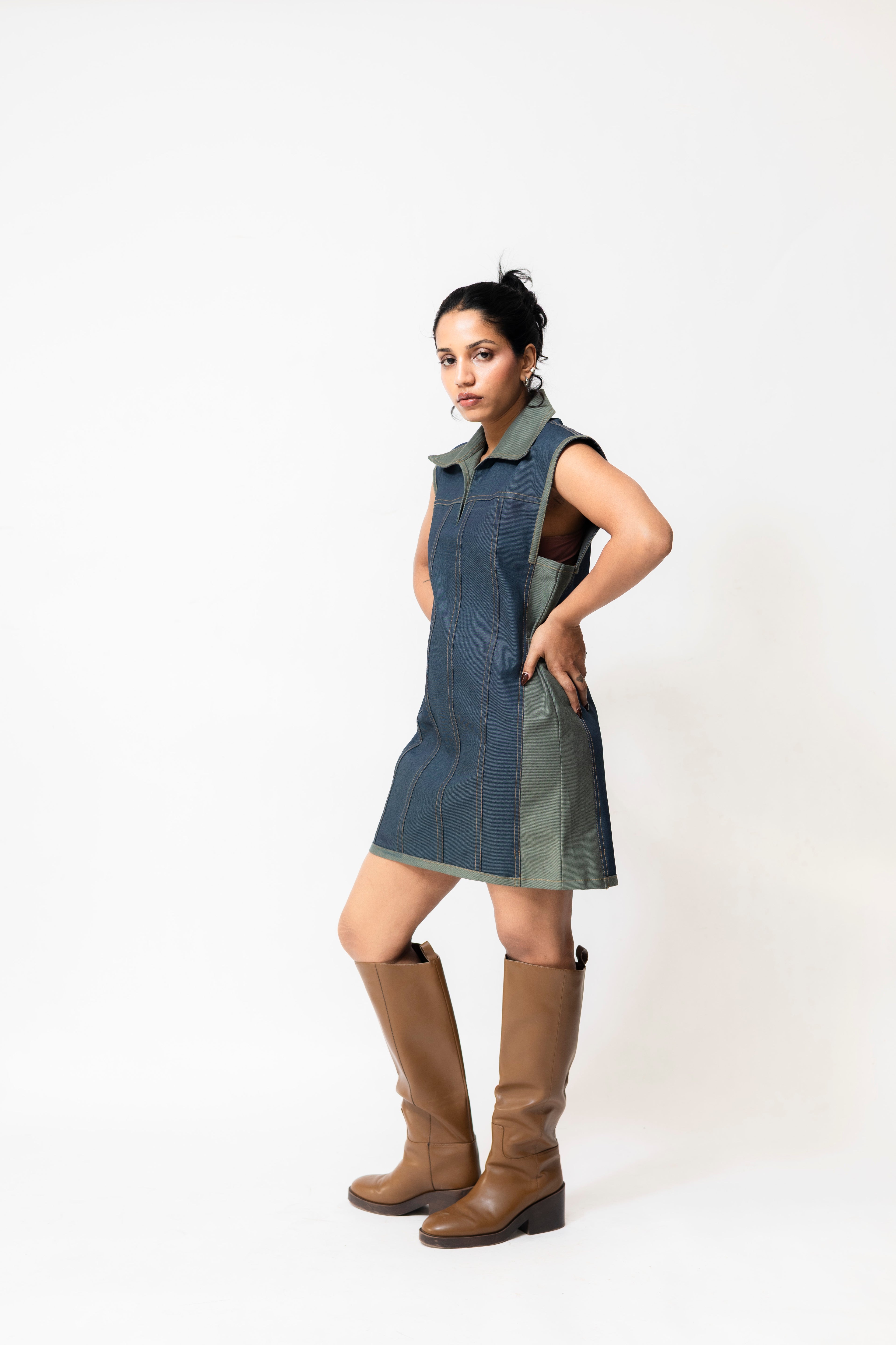 Dual-Tone Denim Mini Dress with Contrast Stitch | Blue & Green