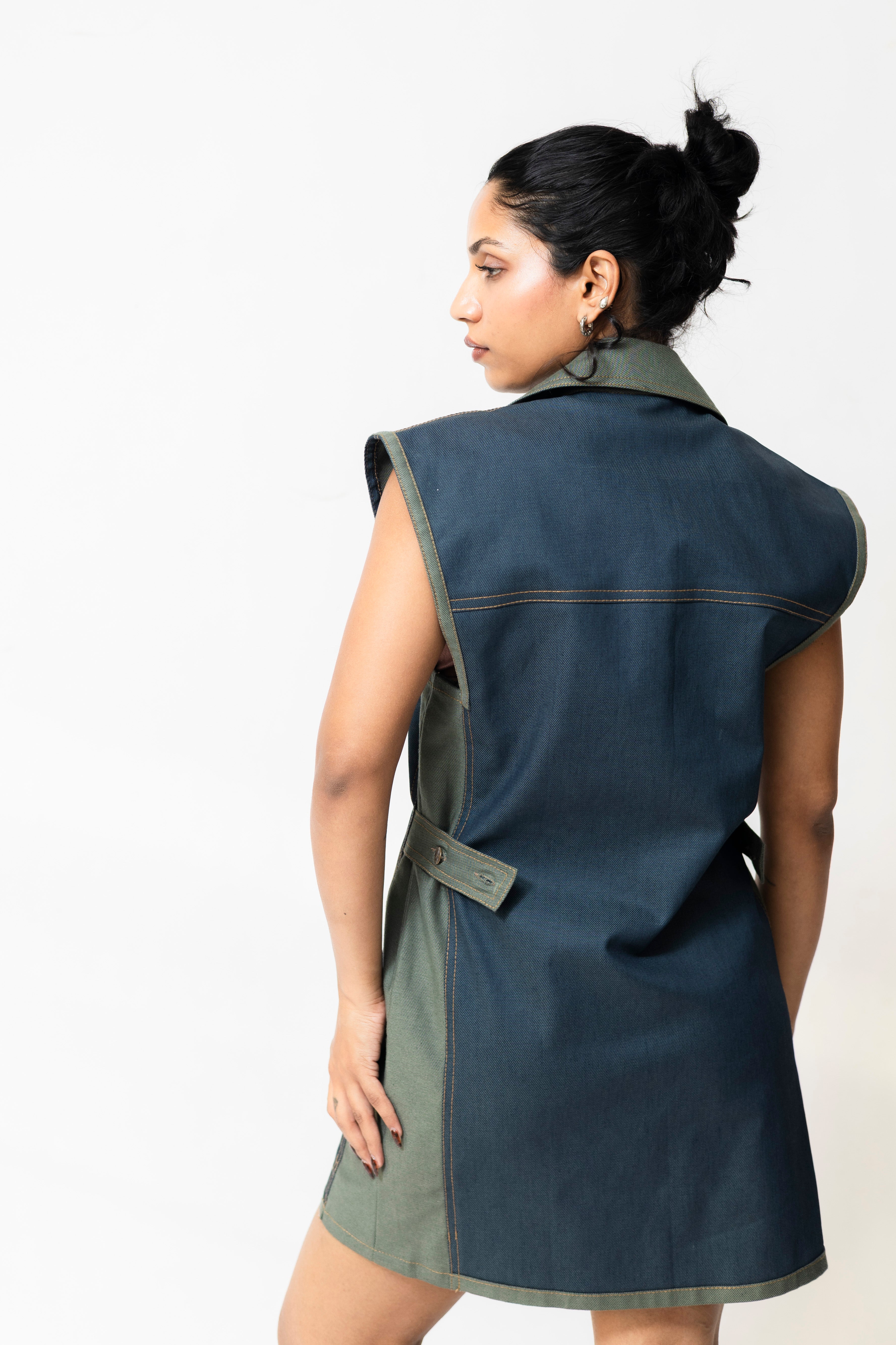 Dual-Tone Denim Mini Dress with Contrast Stitch | Blue & Green