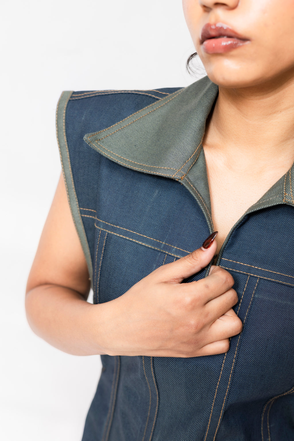 Dual-Tone Denim Mini Dress with Contrast Stitch | Blue & Green