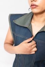 Dual-Tone Denim Mini Dress with Contrast Stitch | Blue & Green