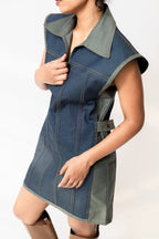 Dual-Tone Denim Mini Dress with Contrast Stitch | Blue & Green