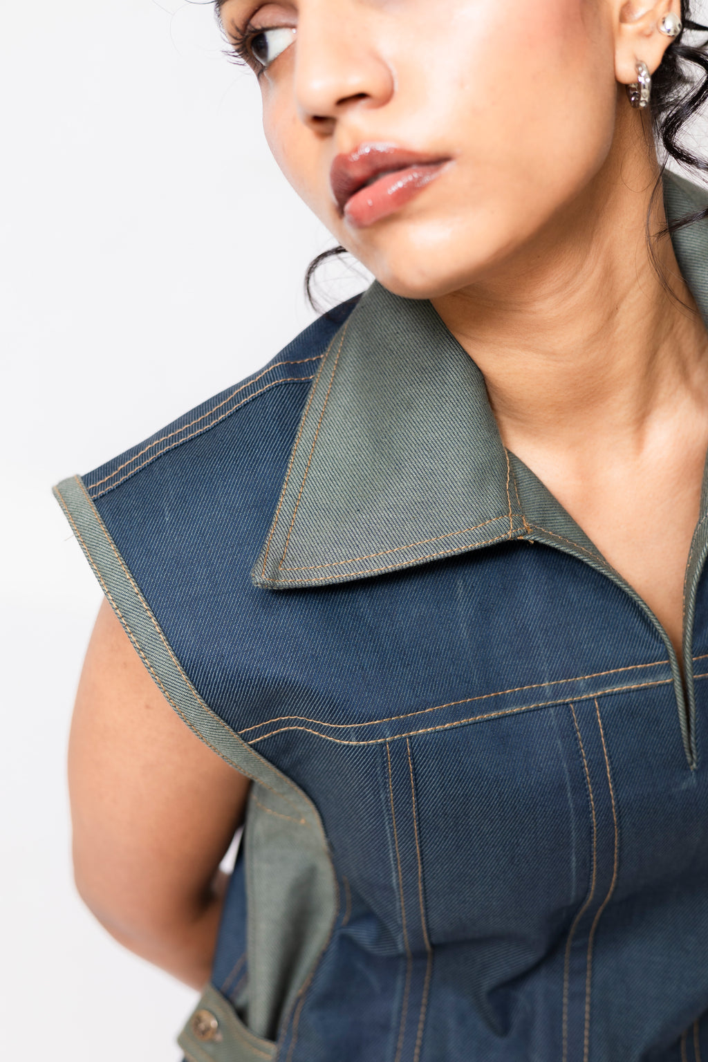 Dual-Tone Denim Mini Dress with Contrast Stitch | Blue & Green