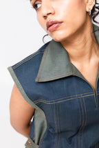 Dual-Tone Denim Mini Dress with Contrast Stitch | Blue & Green