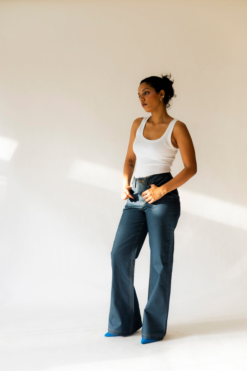 Dual-Tone Denim Pants with Contrast Stitch | Blue & Green