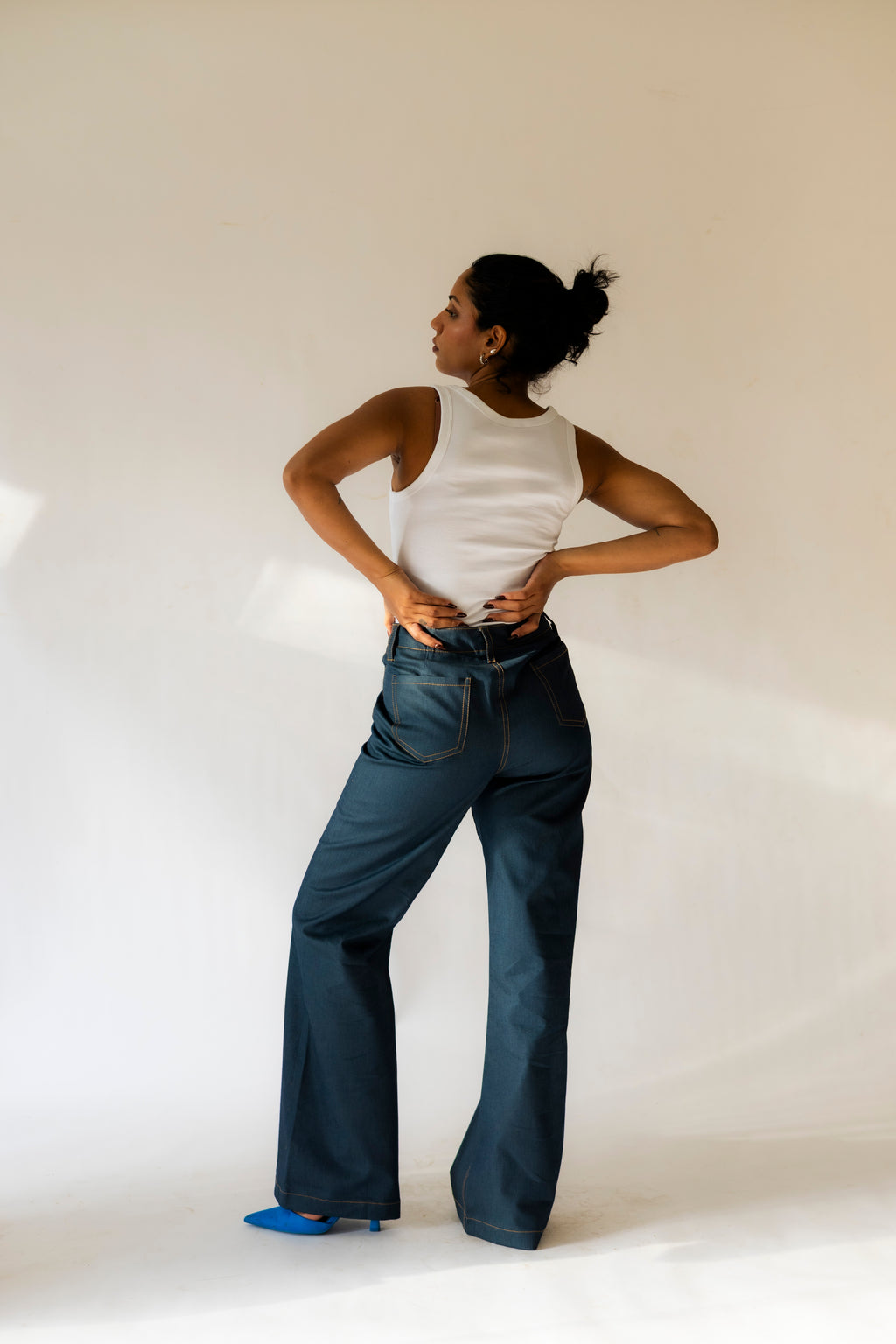 Dual-Tone Denim Pants with Contrast Stitch | Blue & Green