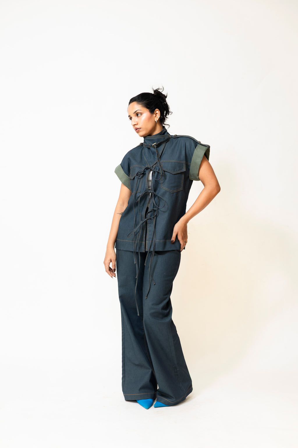 Dual-Tone Denim Pants with Contrast Stitch | Blue & Green