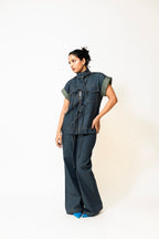 Dual-Tone Denim Pants with Contrast Stitch | Blue & Green