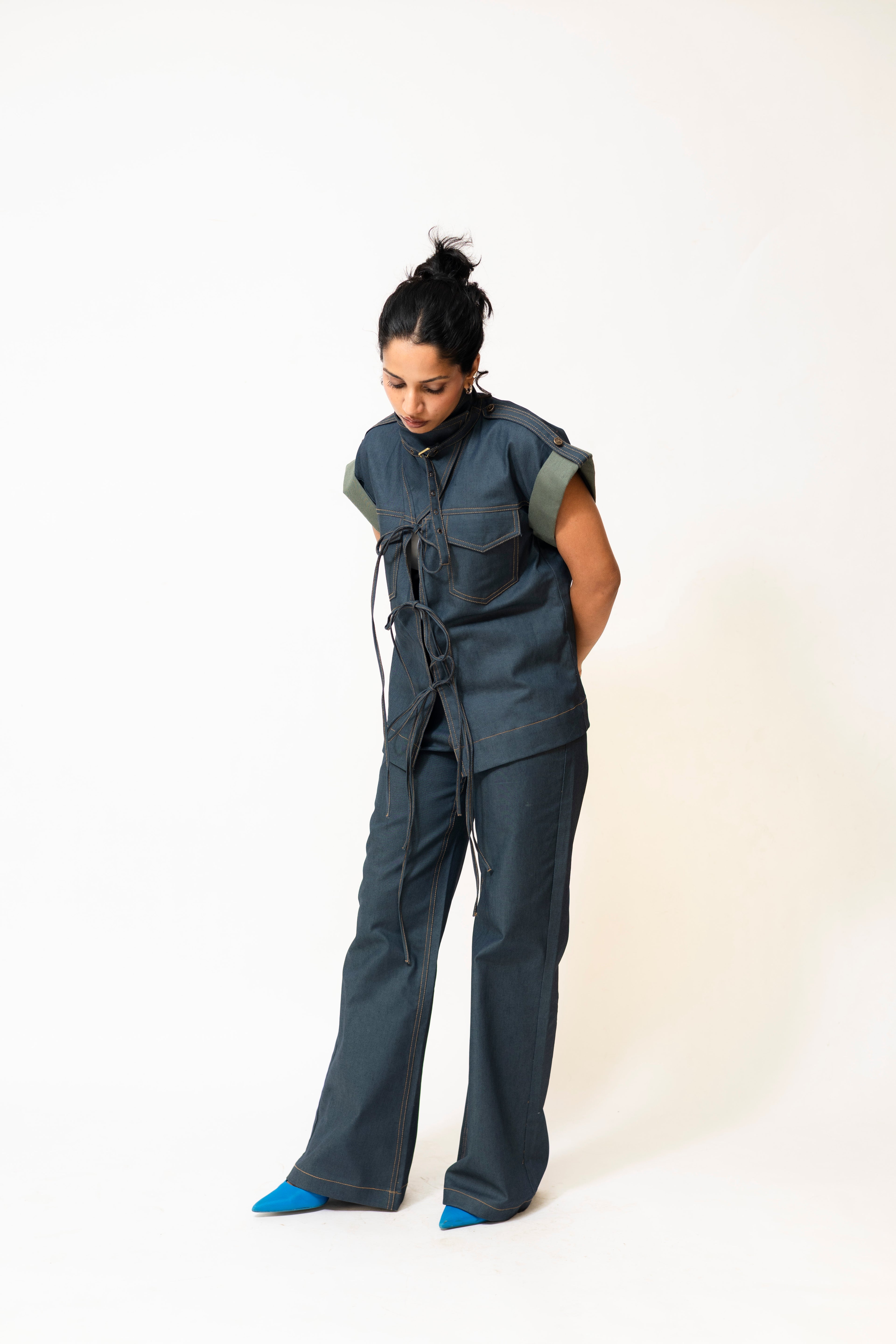Dual-Tone Denim Pants with Contrast Stitch | Blue & Green
