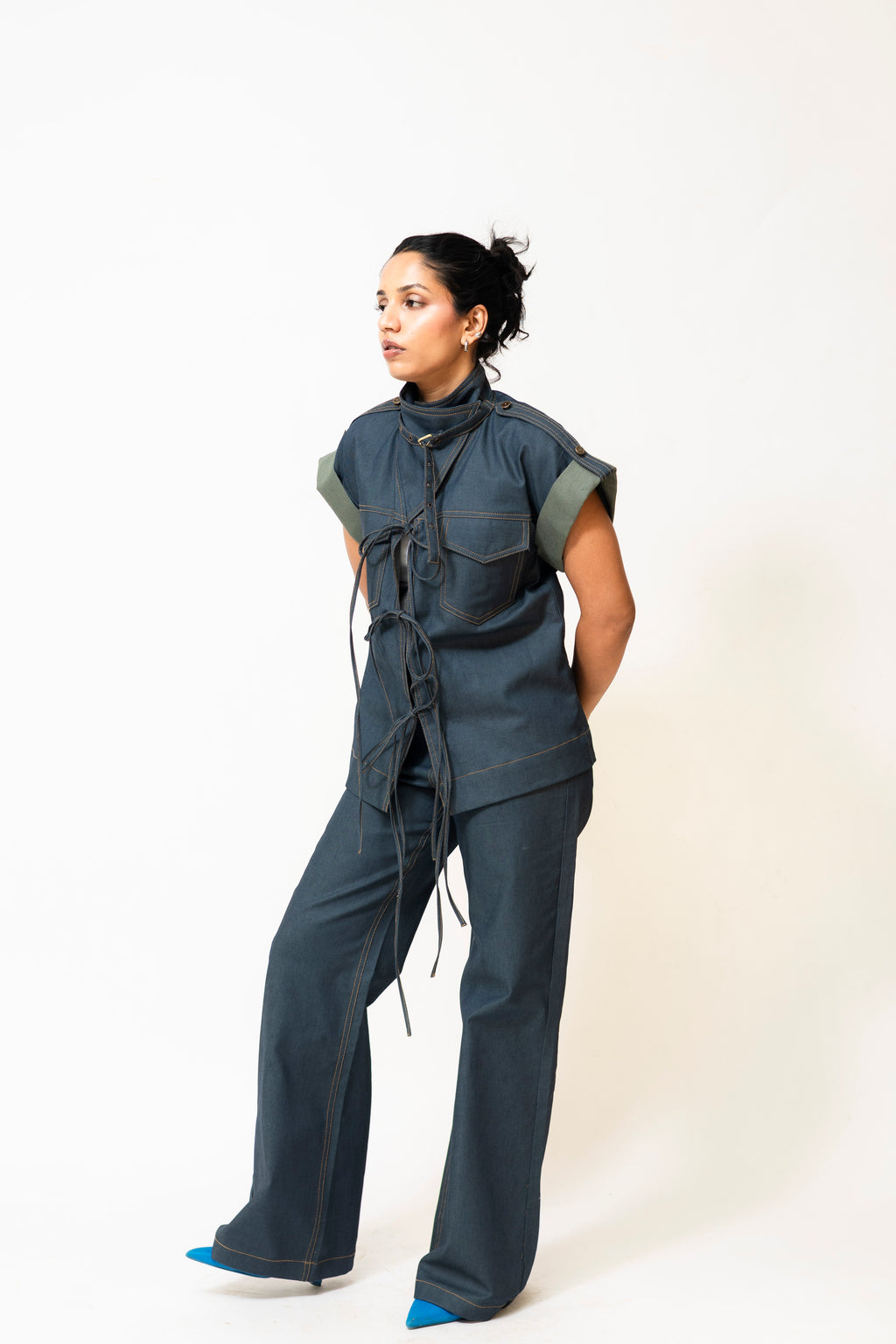 Dual-Tone Denim Pants with Contrast Stitch | Blue & Green