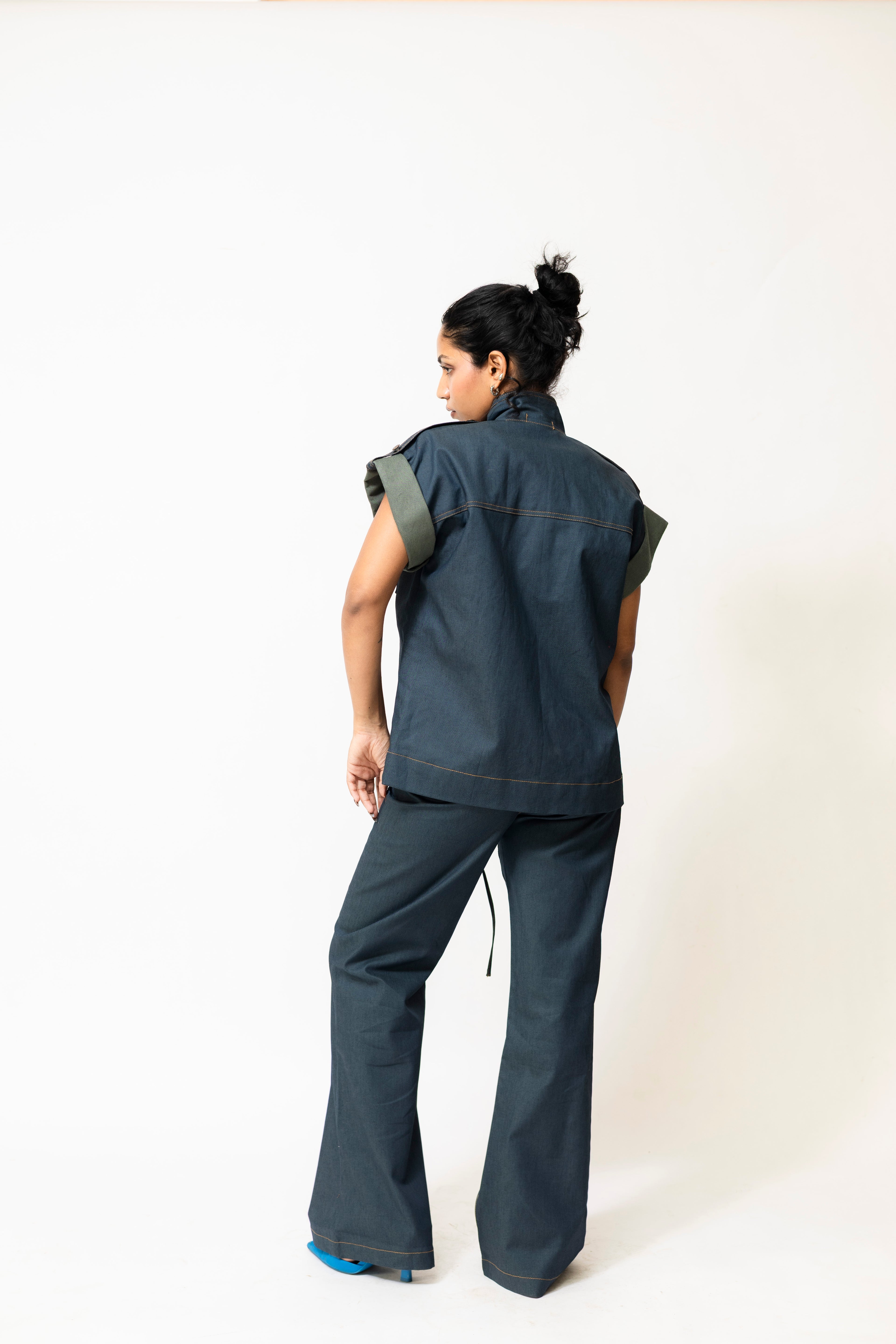 Dual-Tone Denim Utility Jacket with Lace-Up Front | Blue & Green