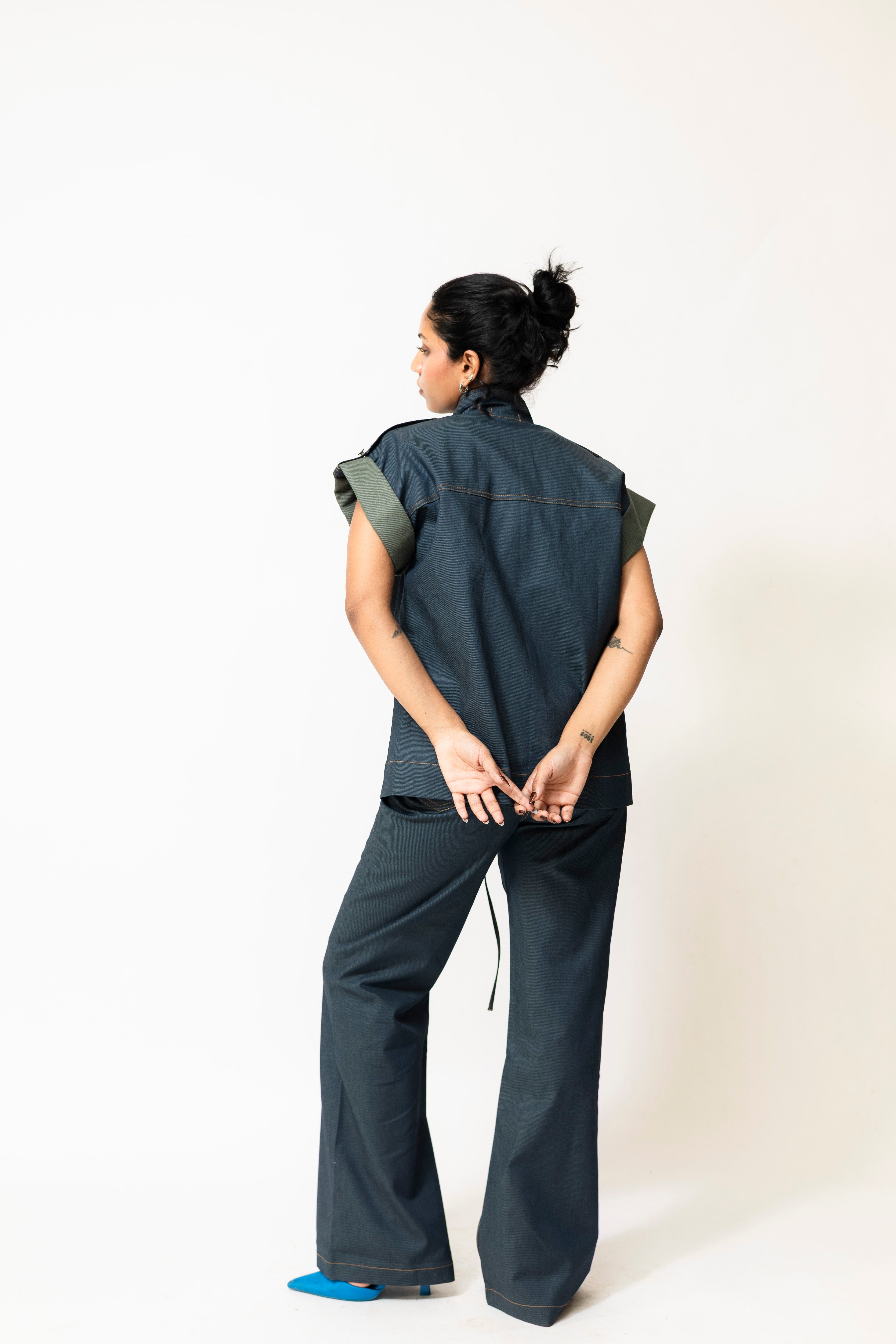 Dual-Tone Denim Pants with Contrast Stitch | Blue & Green