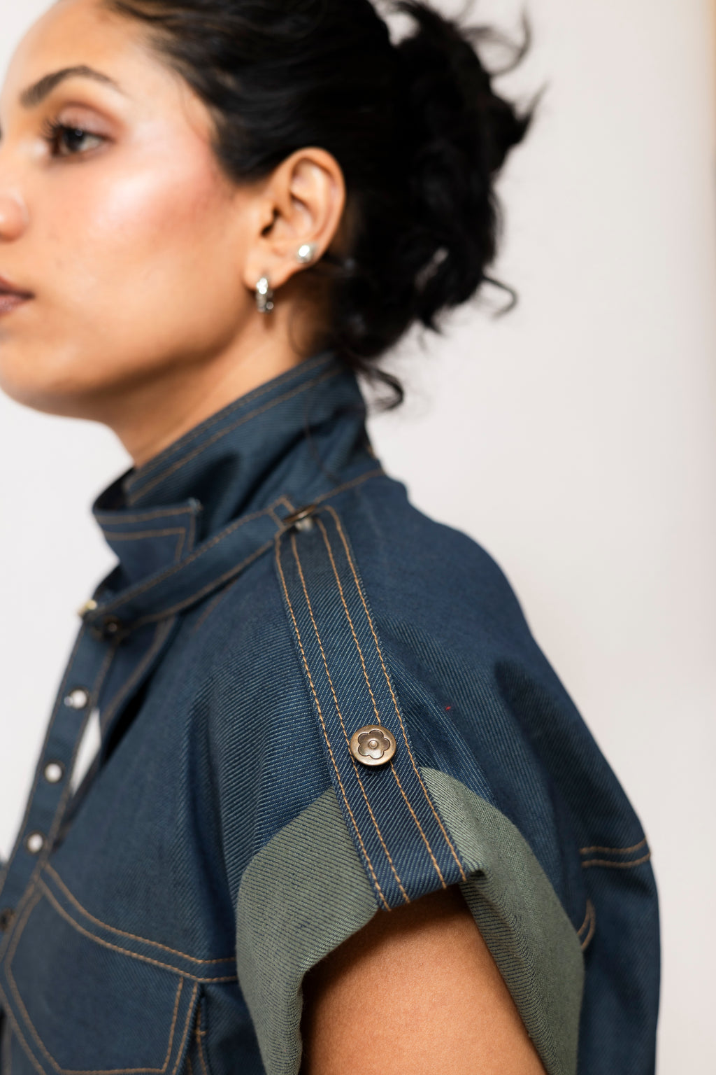 Dual-Tone Denim Utility Jacket with Lace-Up Front | Blue & Green