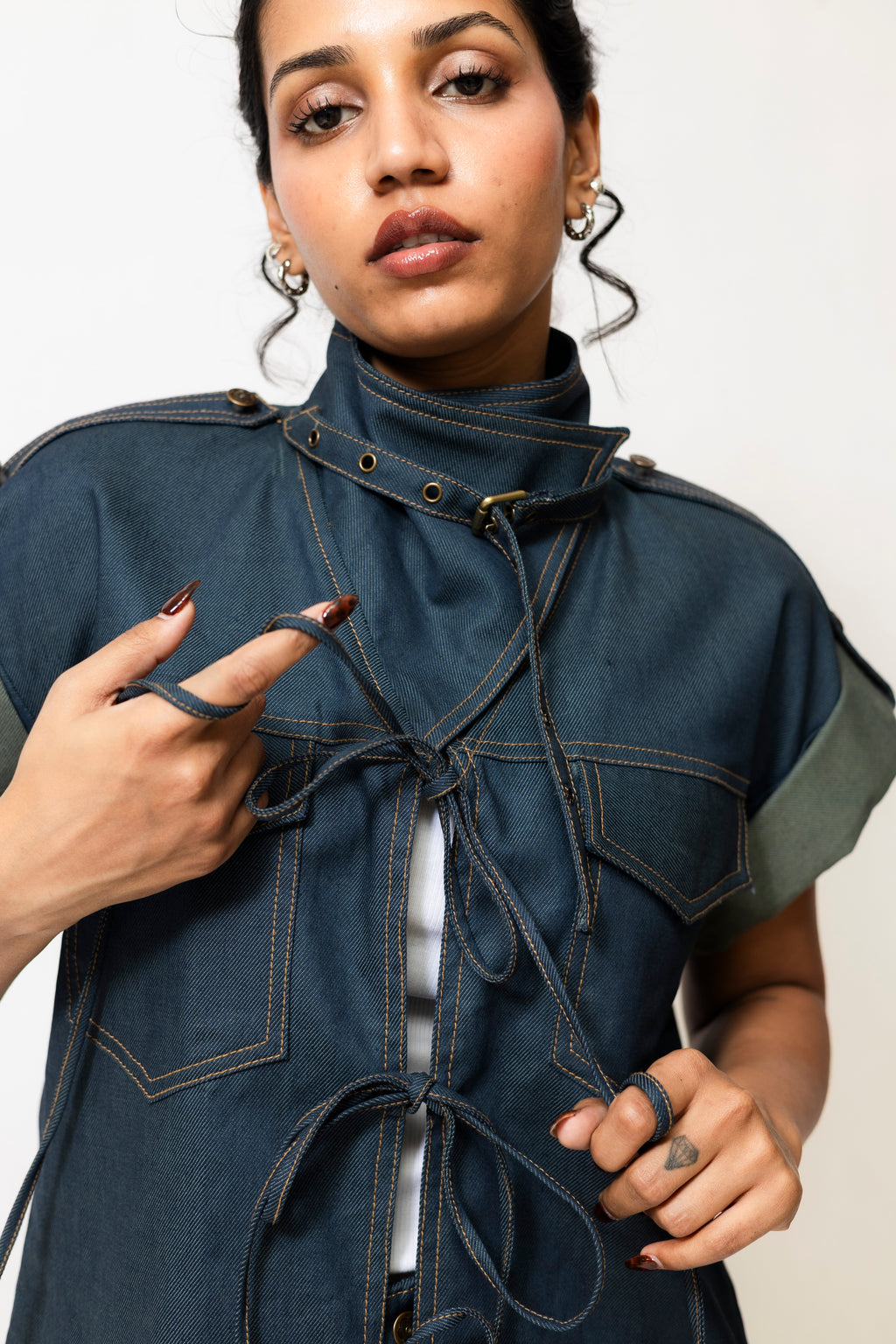 Dual-Tone Denim Utility Jacket with Lace-Up Front | Blue & Green