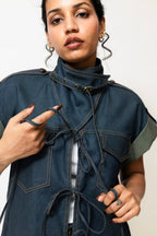 Dual-Tone Denim Utility Jacket with Lace-Up Front | Blue & Green