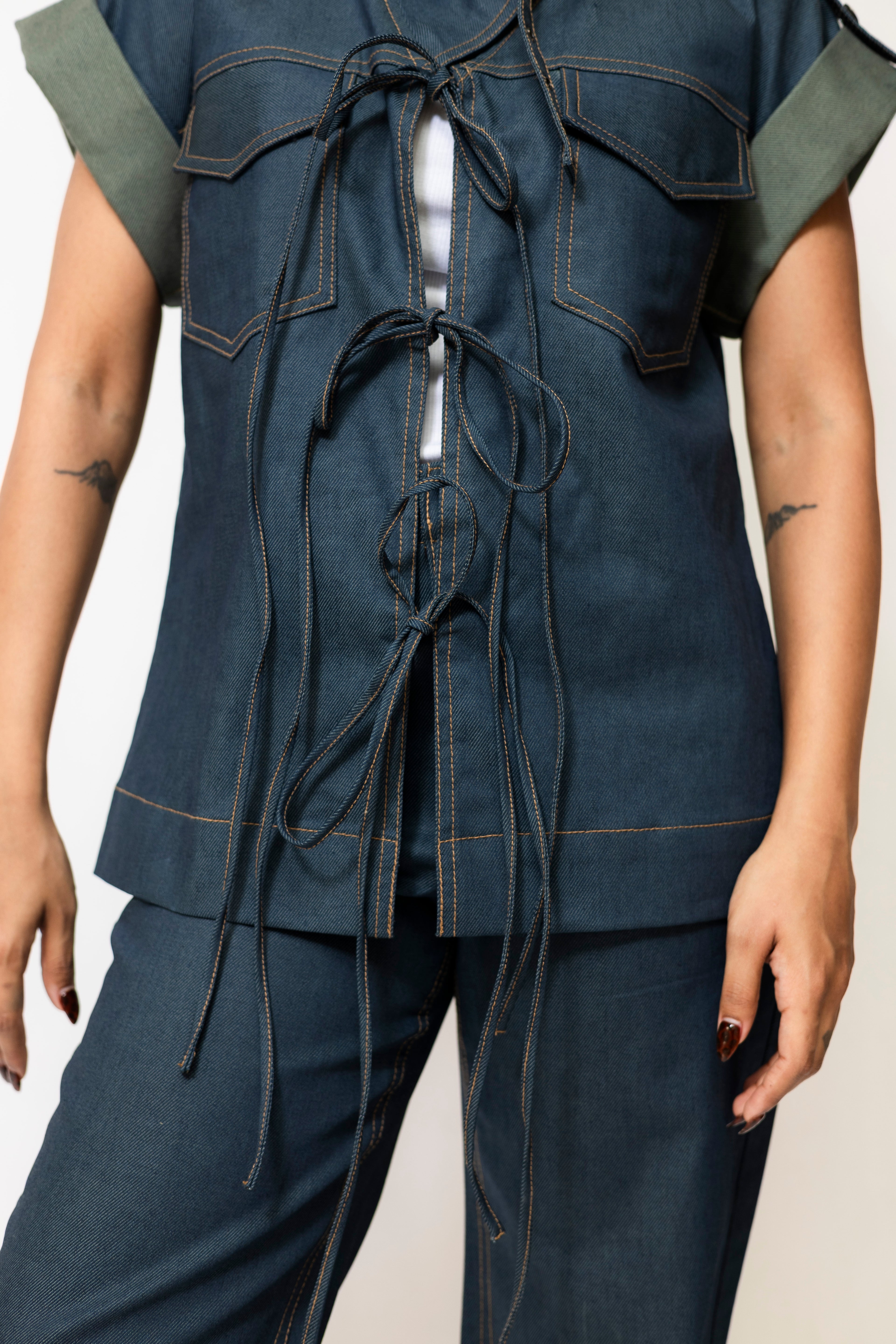 Dual-Tone Denim Utility Jacket with Lace-Up Front | Blue & Green