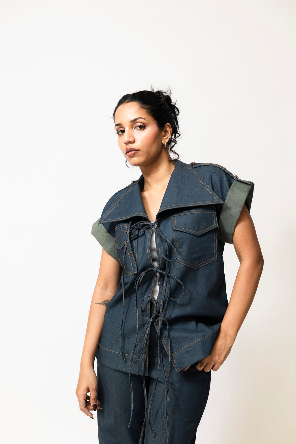 Dual-Tone Denim Utility Jacket with Lace-Up Front | Blue & Green