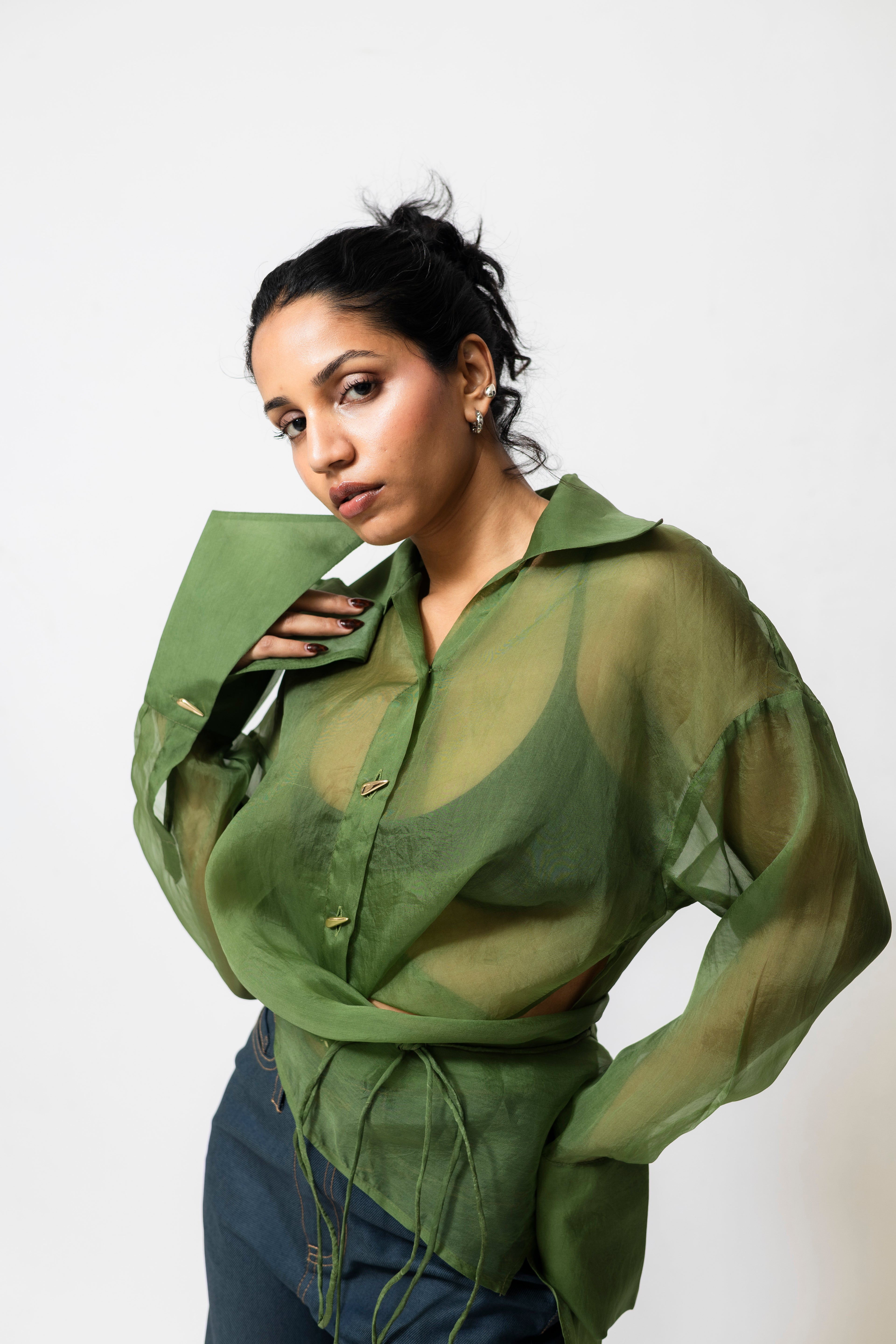 Sheer Organza Wrap Shirt with Tie Waist | Green