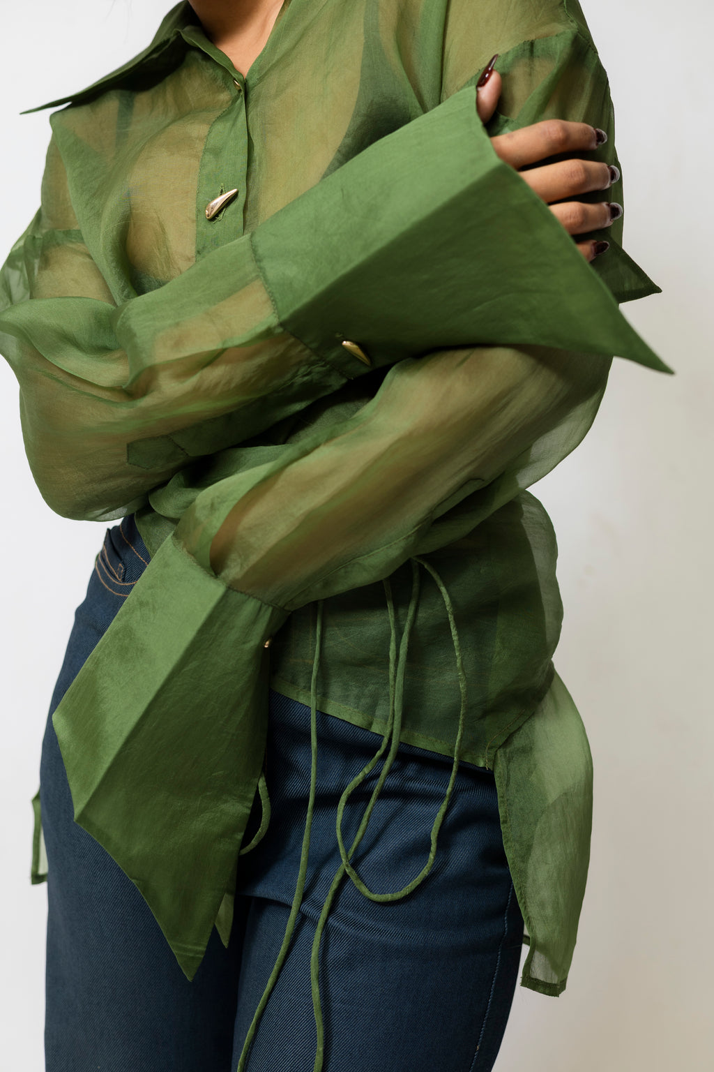 Sheer Organza Wrap Shirt with Tie Waist | Green