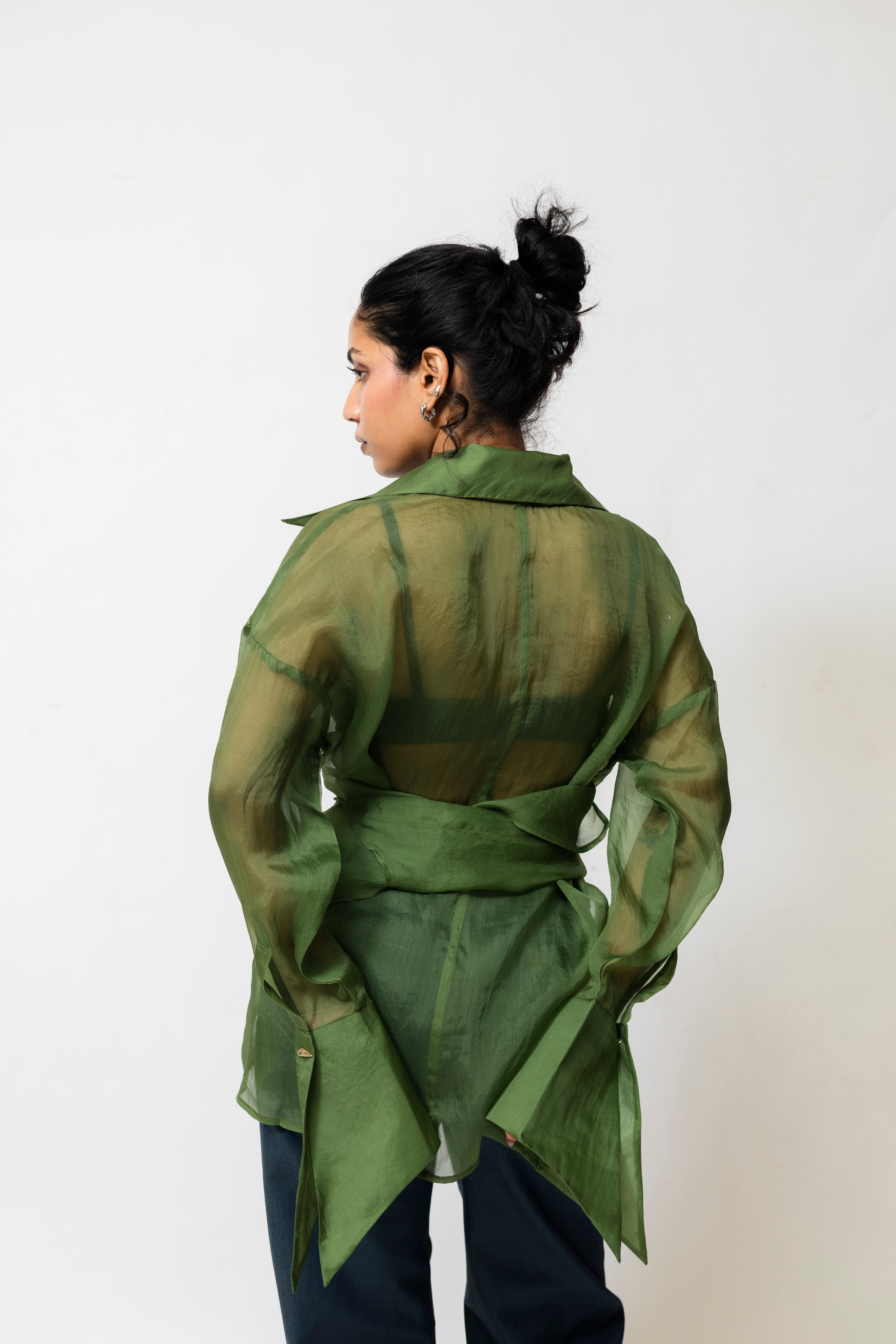 Sheer Organza Wrap Shirt with Tie Waist | Green