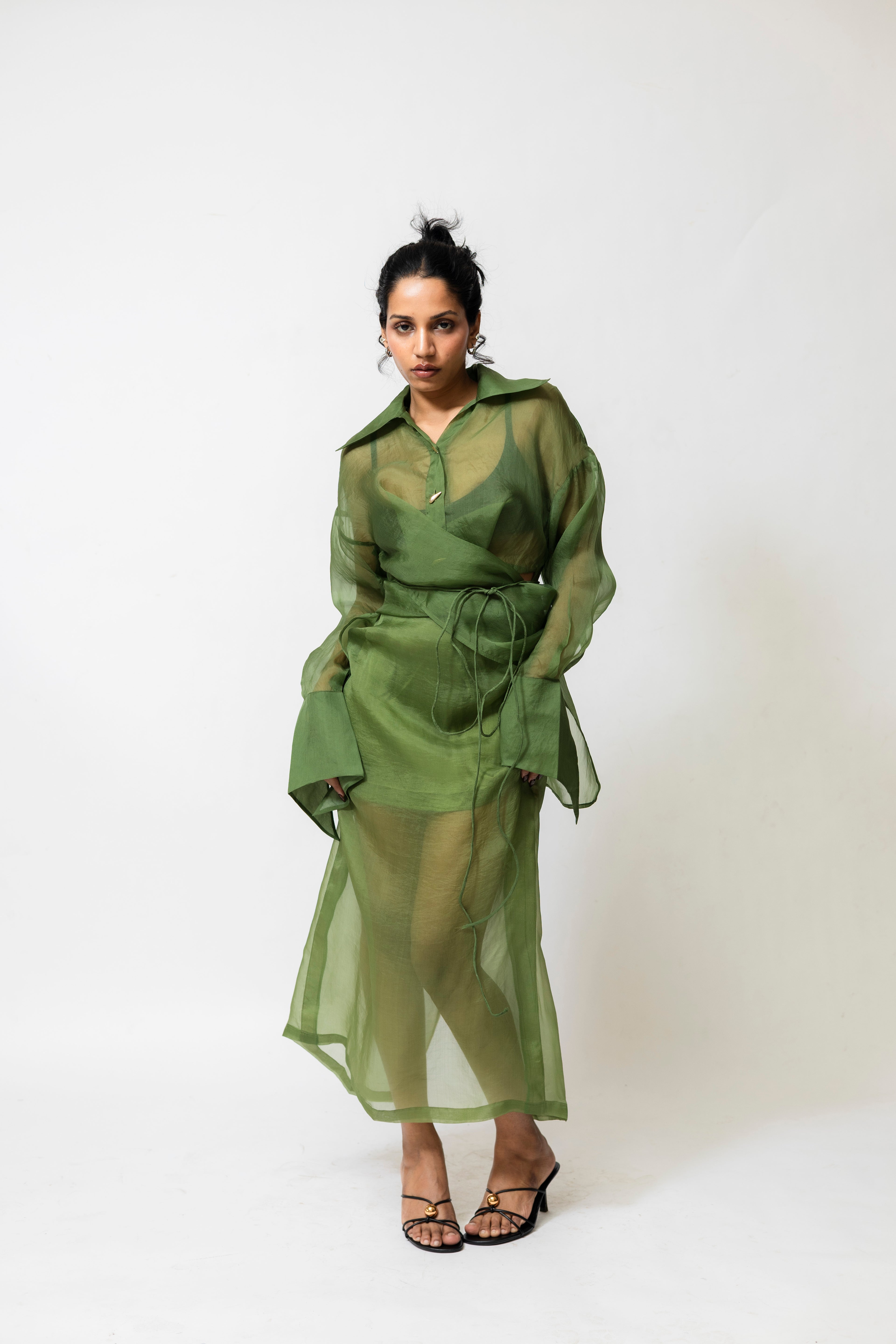 Sheer Organza Wrap Shirt with Tie Waist | Green