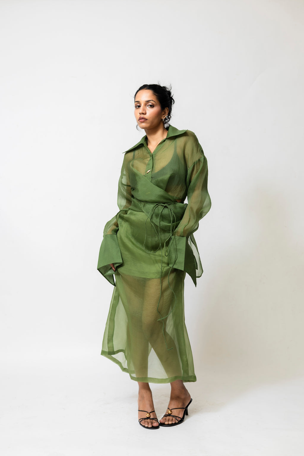 Sheer Organza Midi Skirt with Satin Lining | Green