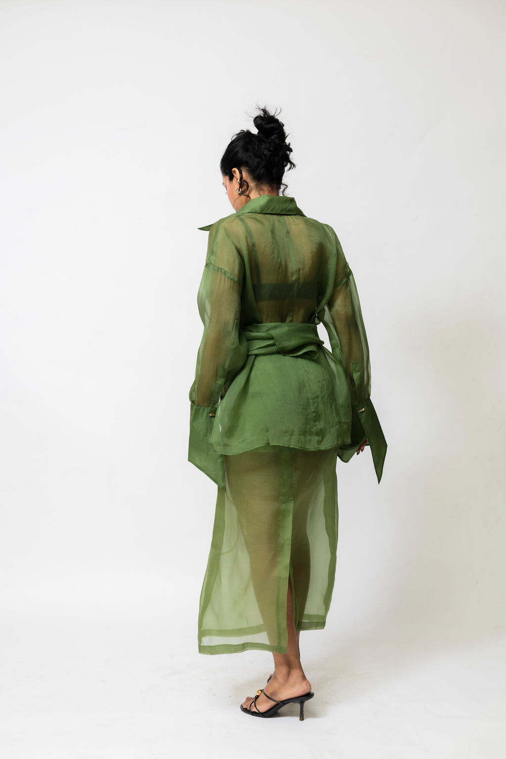 Sheer Organza Wrap Shirt with Tie Waist | Green