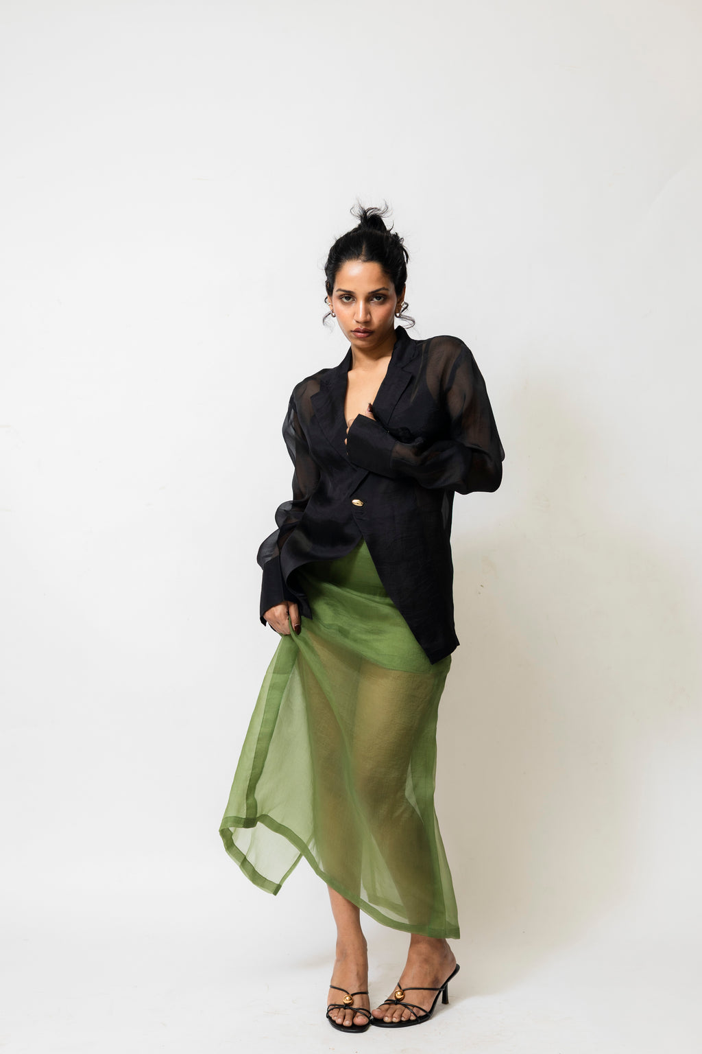Sheer Organza Midi Skirt with Satin Lining | Green