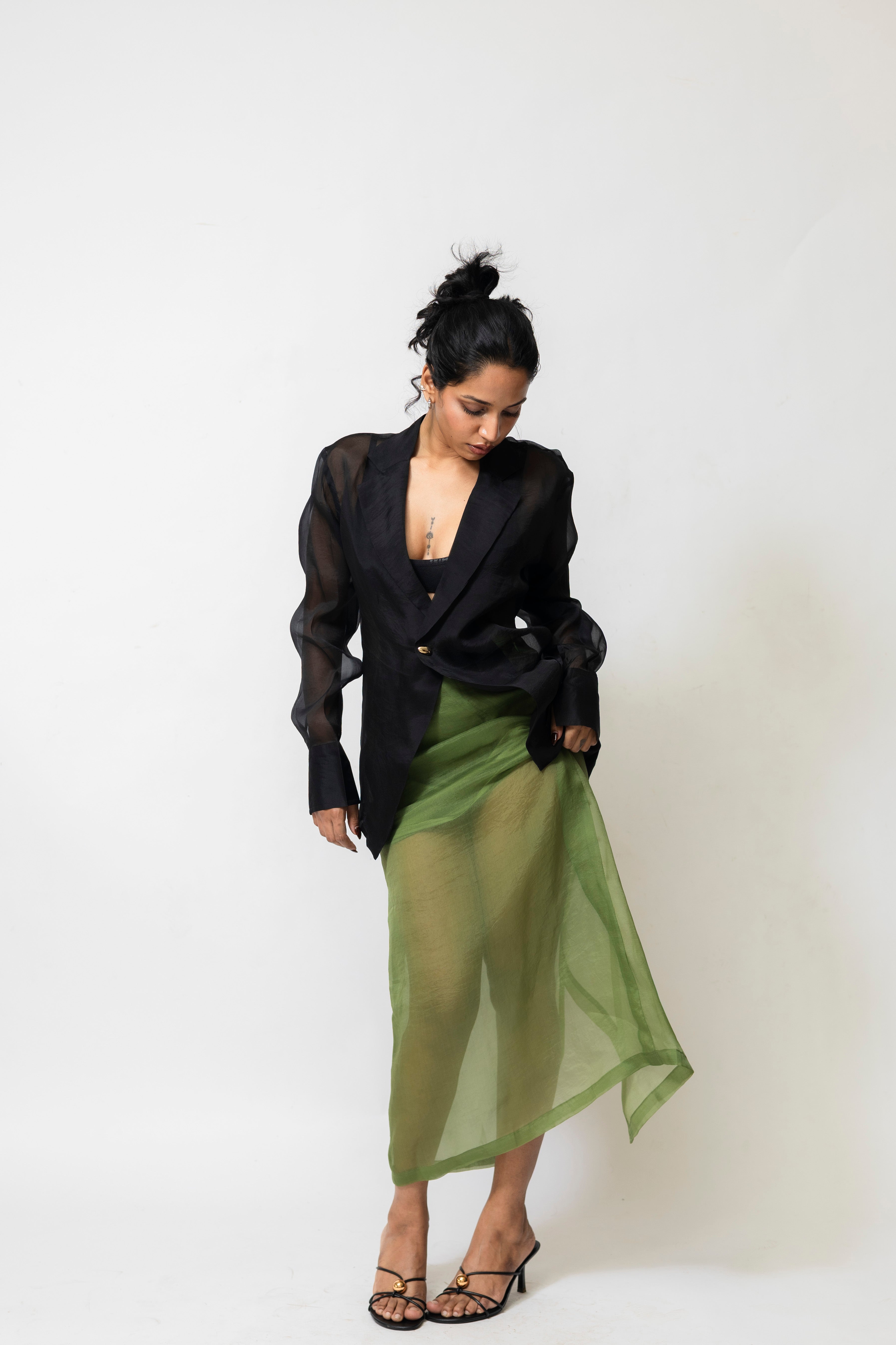 Sheer Organza Blazer Shirt with Metallic Buttons – Black