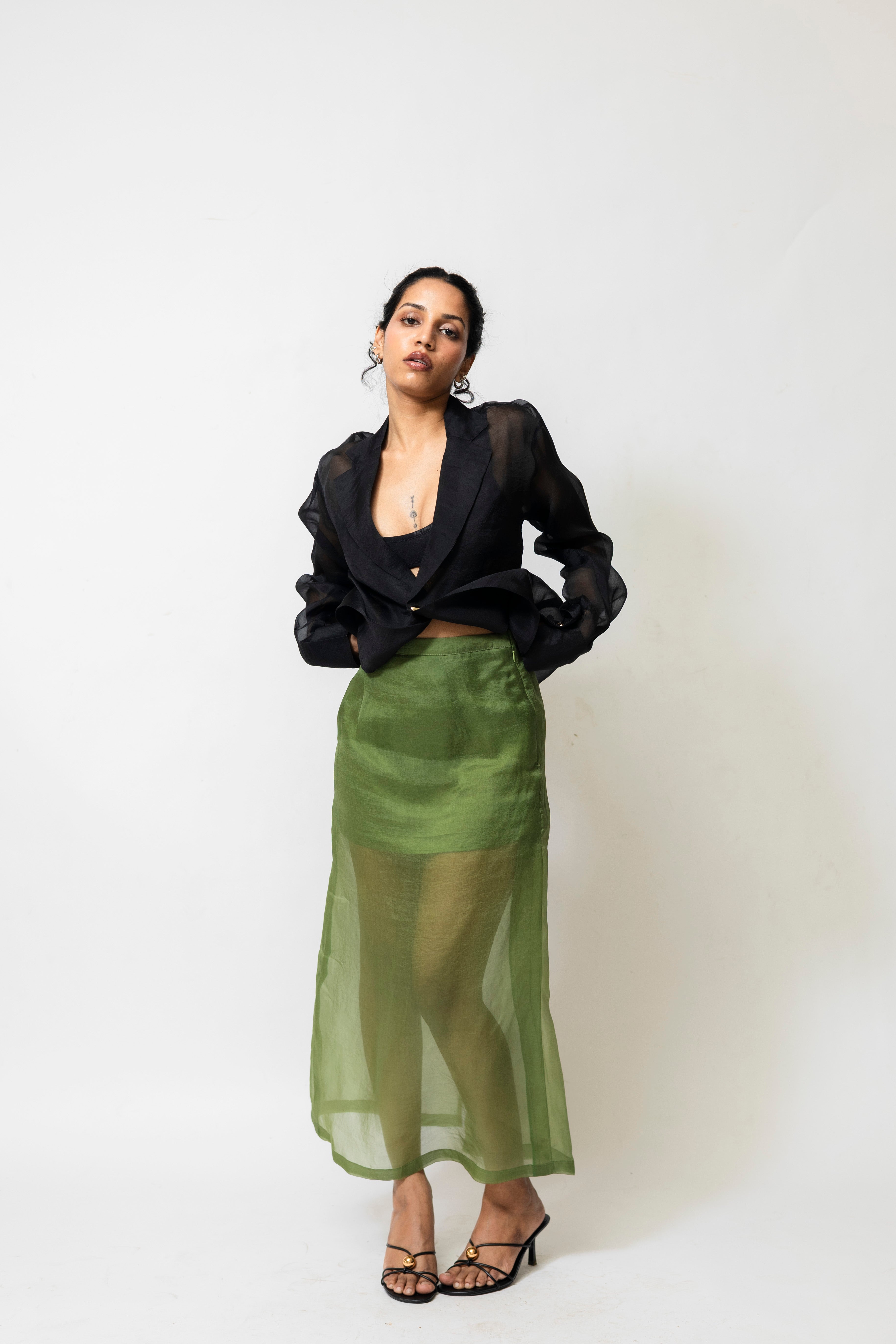 Sheer Organza Midi Skirt with Satin Lining | Green