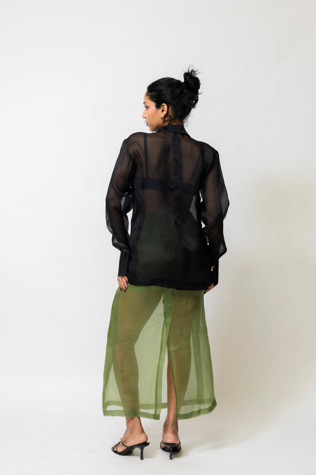 Sheer Organza Blazer Shirt with Metallic Buttons – Black