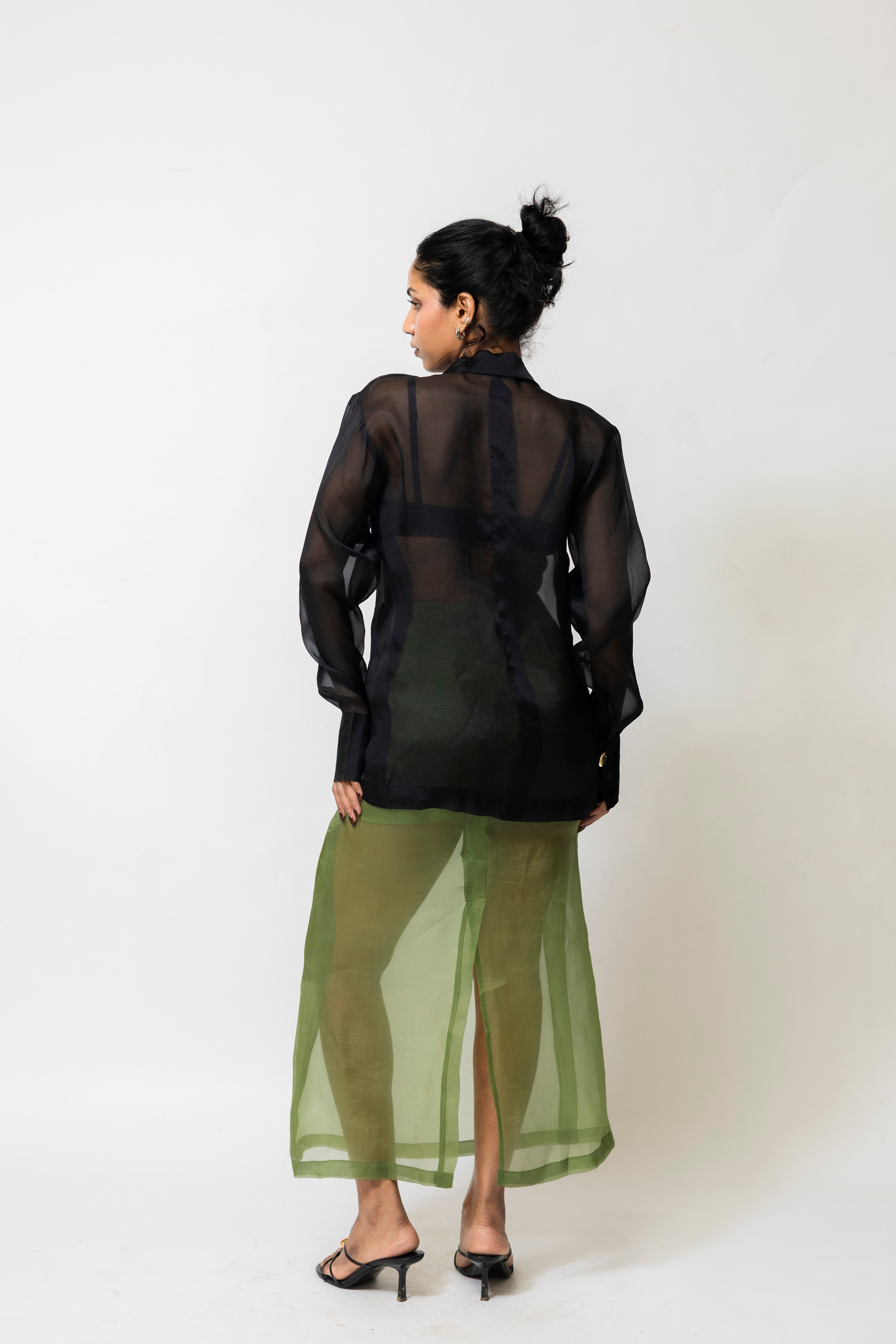 Sheer Organza Blazer Shirt with Metallic Buttons – Black